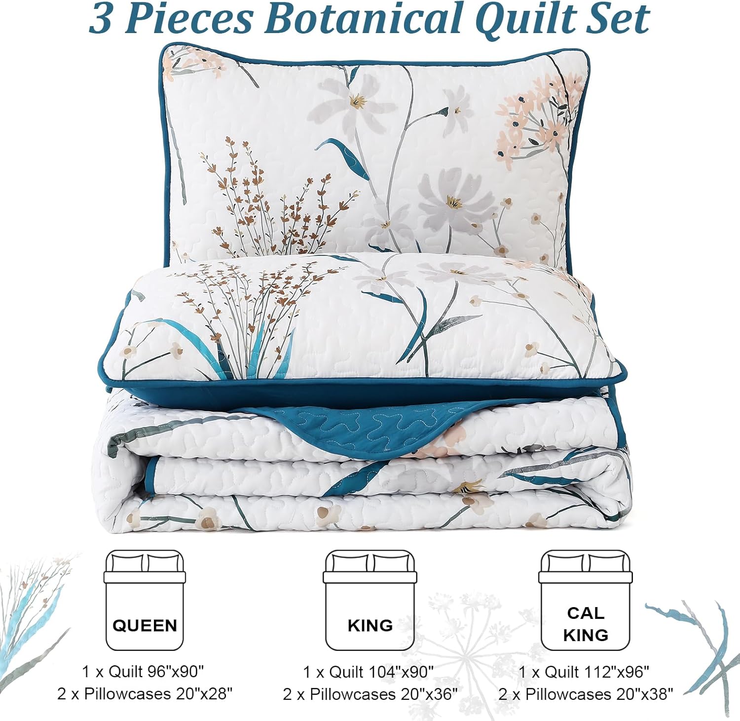 Dobuyly Teal Floral Queen Quilt 3-Piece Set