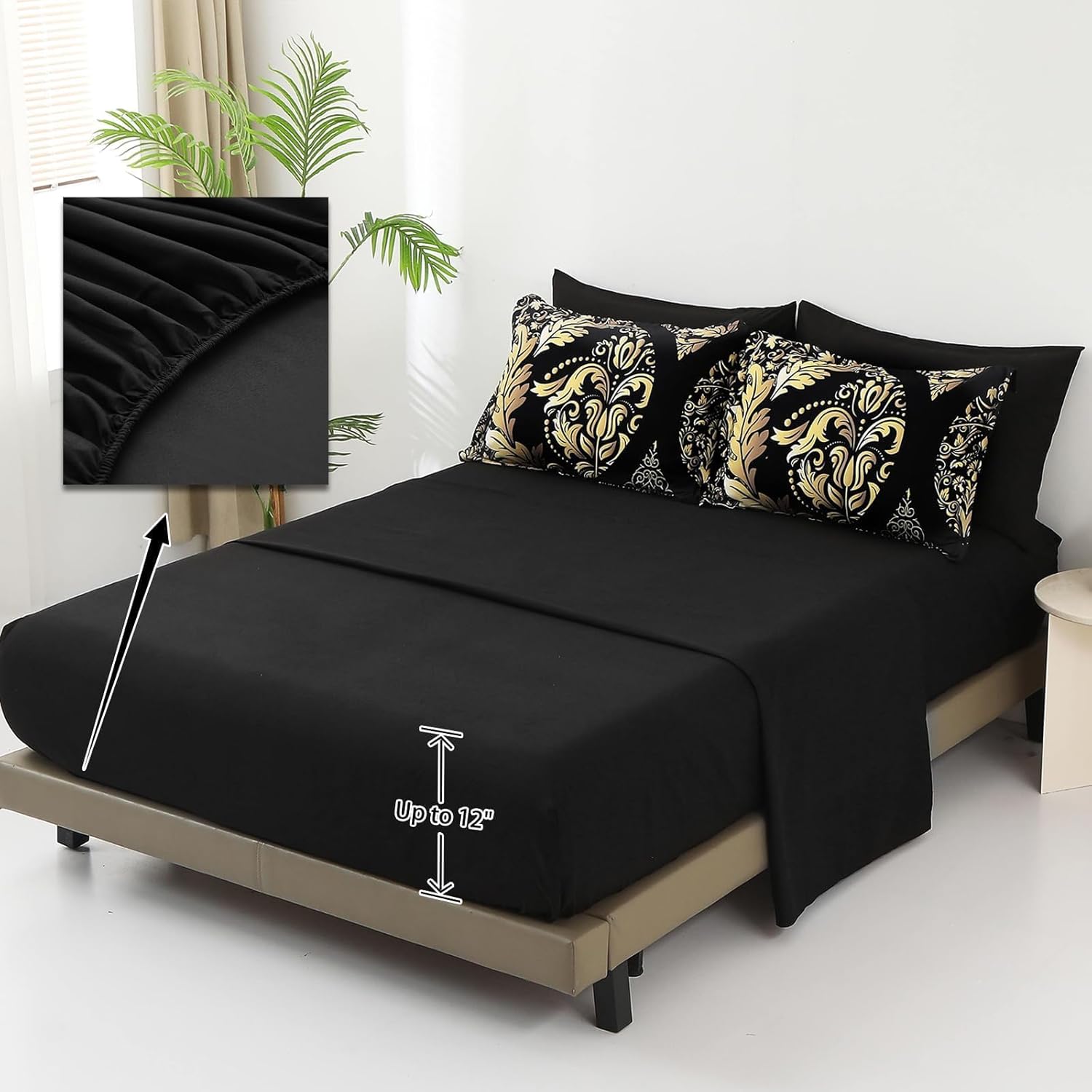 Anibedding Black Gold Damask Comforter Set California King