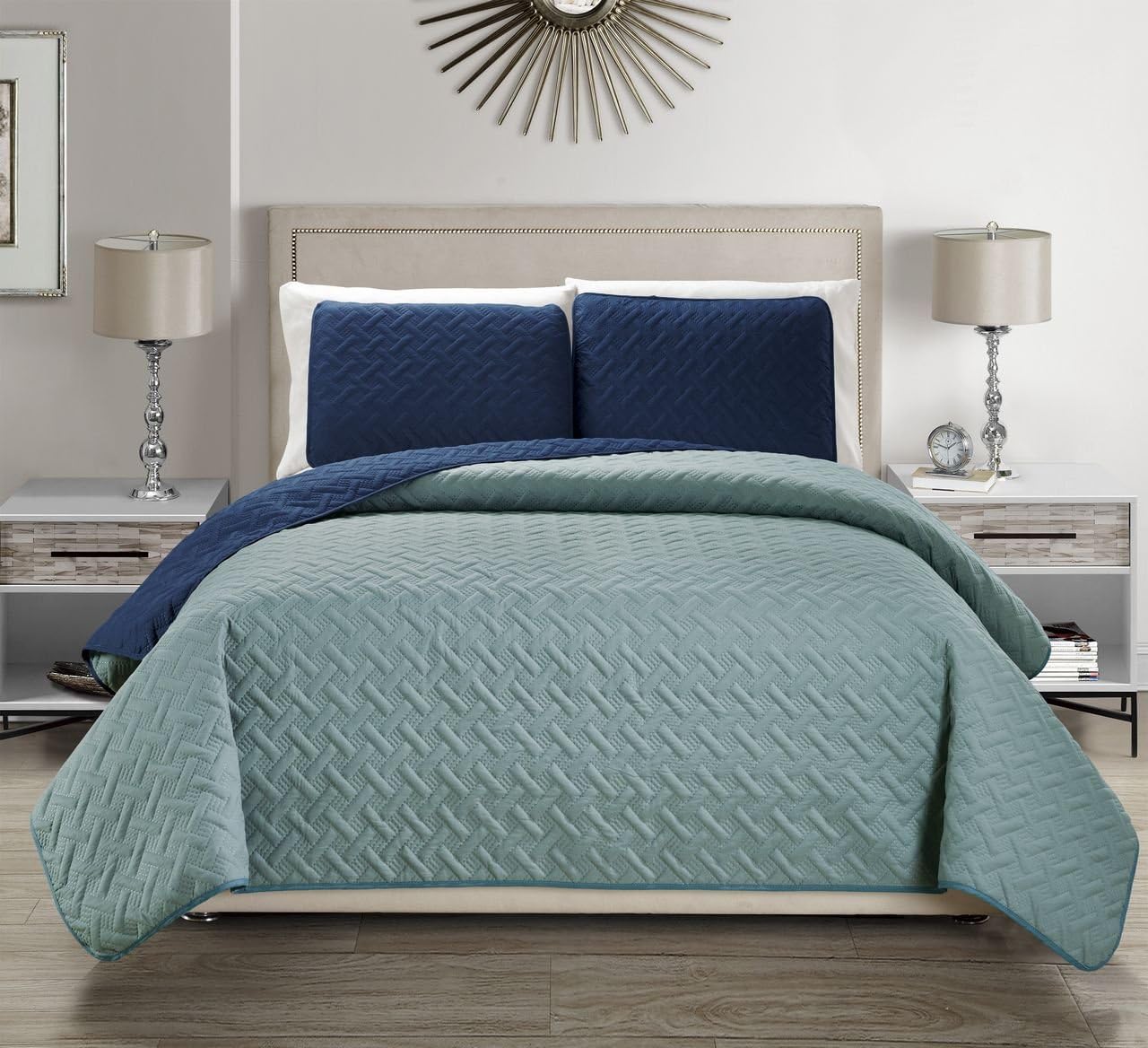 KingLinen Embossed Microfiber Navy Reversible Quilt Set Cal King 1