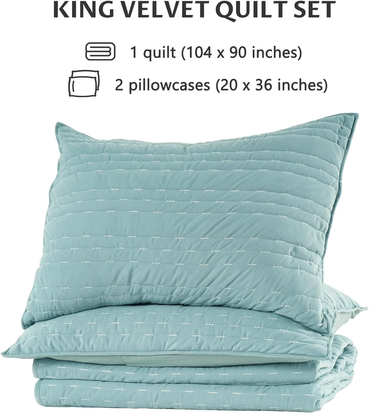 KASENTEX King Size Velvet Quilt Set 3 Pieces Lake Blue