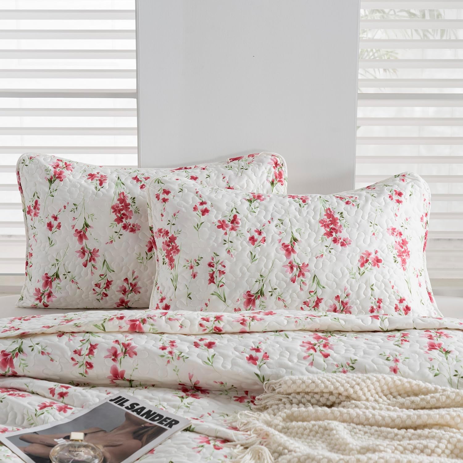 Floral Queen Quilt Set 3PCS Microfiber Bedding