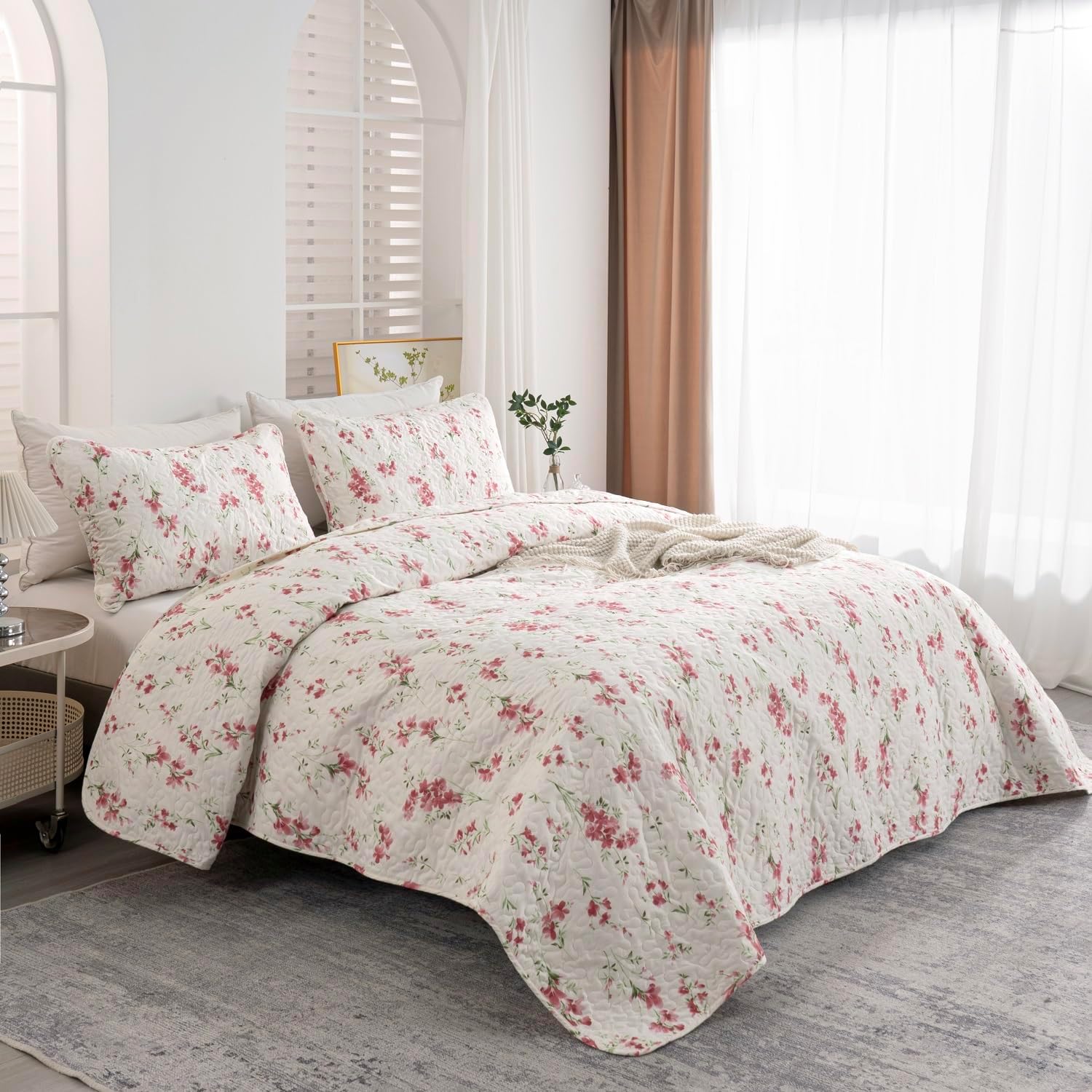Floral Queen Quilt Set 3PCS Microfiber Bedding