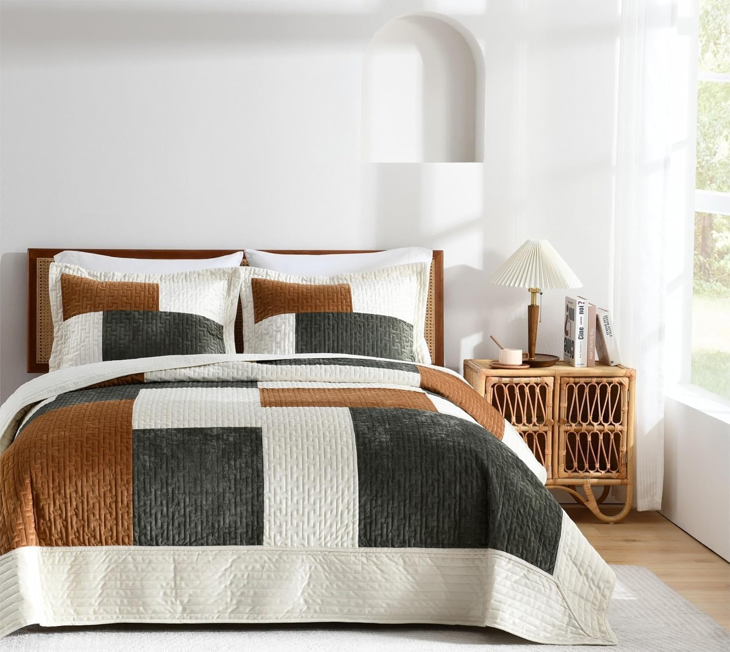 Grassix Velvet Queen Quilt Set - 90x96 Green Gold 3-Piece All Seasons