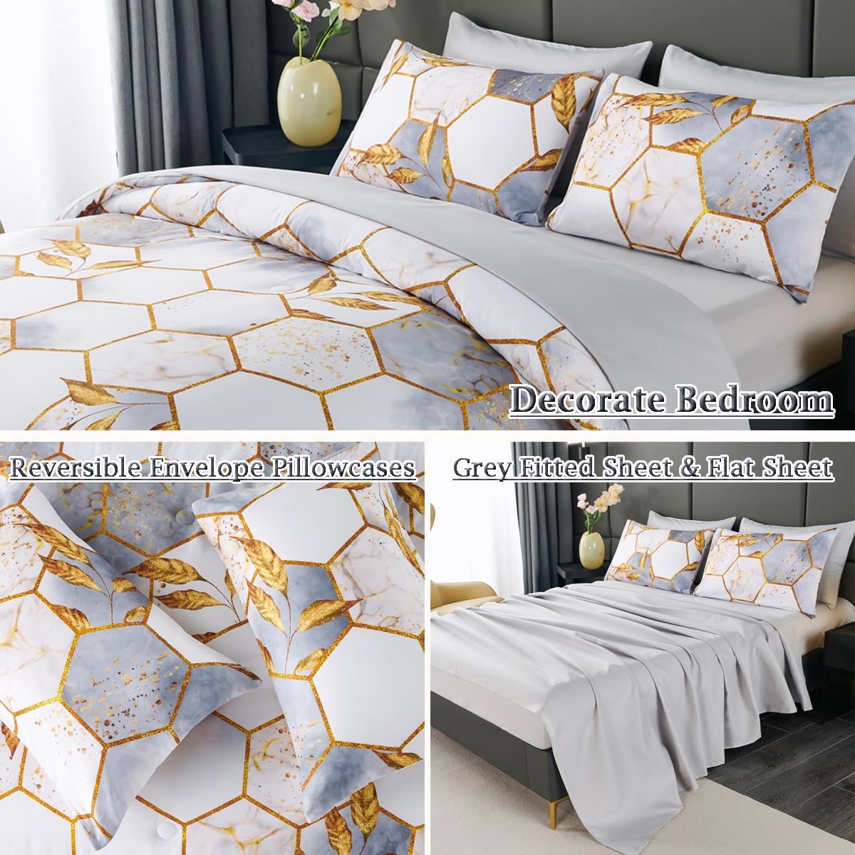 ZRNBAST 7 Pcs Light Grey Comforter Set with Gold Trim 1