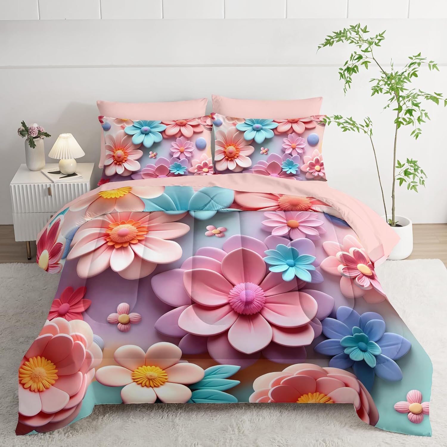 Pink Floral Comforter Set Queen 7 Piece