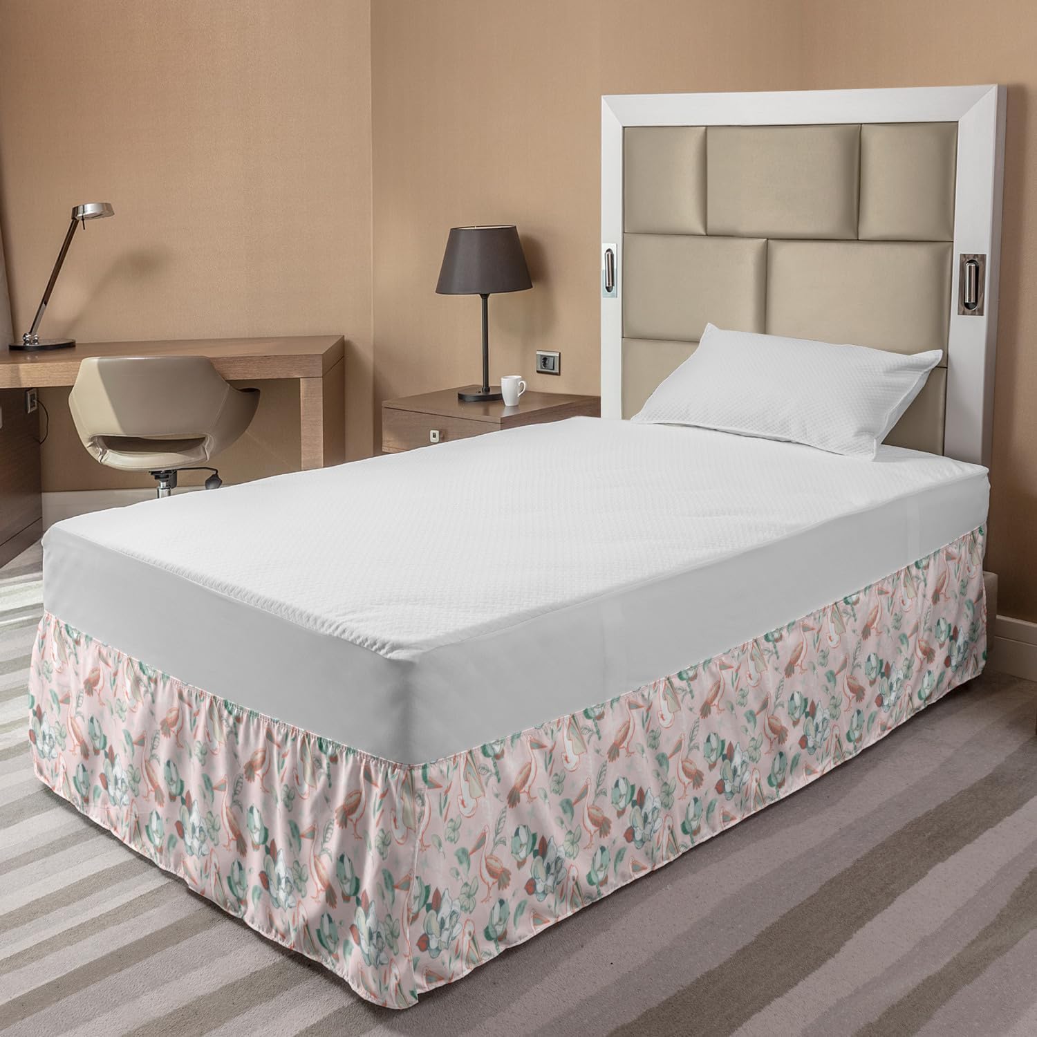 Lunarable Pelican Bed Skirt with Exotic Flower Bird Design