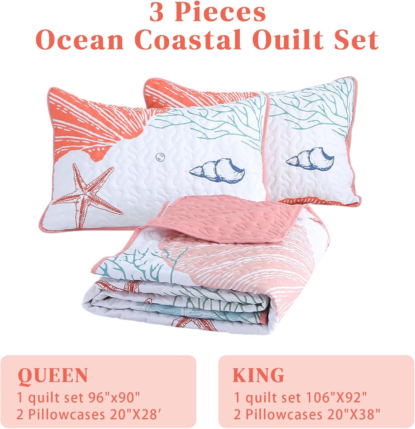 Heymybed Queen Coastal Quilt Set with Pink Starfish Design