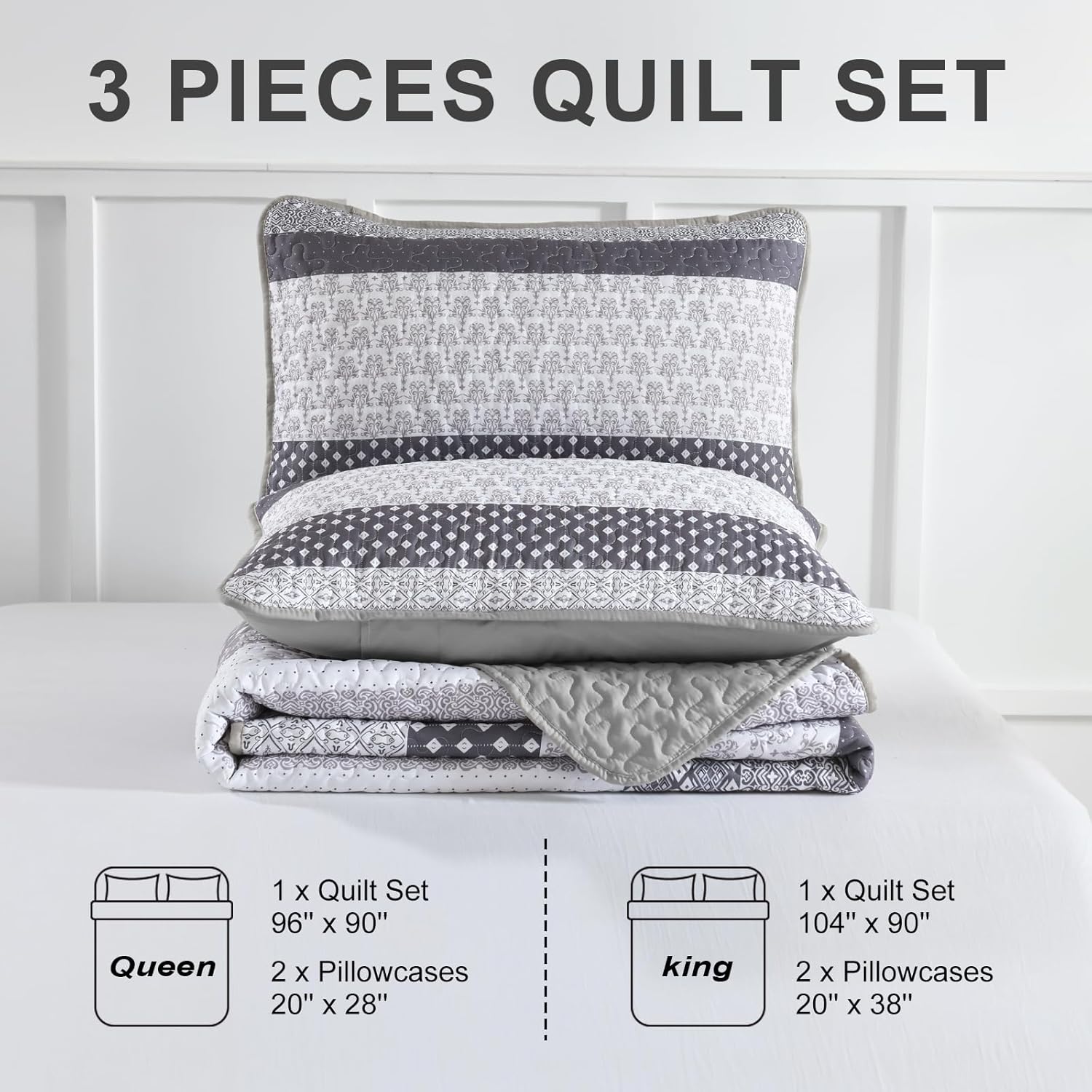WONGS BEDDING Grey Boho Queen Quilt Set 3 pcs
