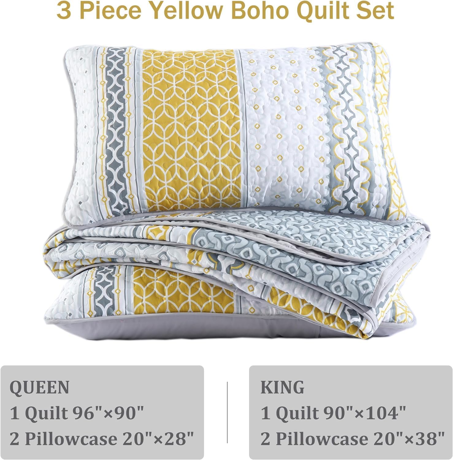 DJY Boho Yellow Grey Striped Quilt Set