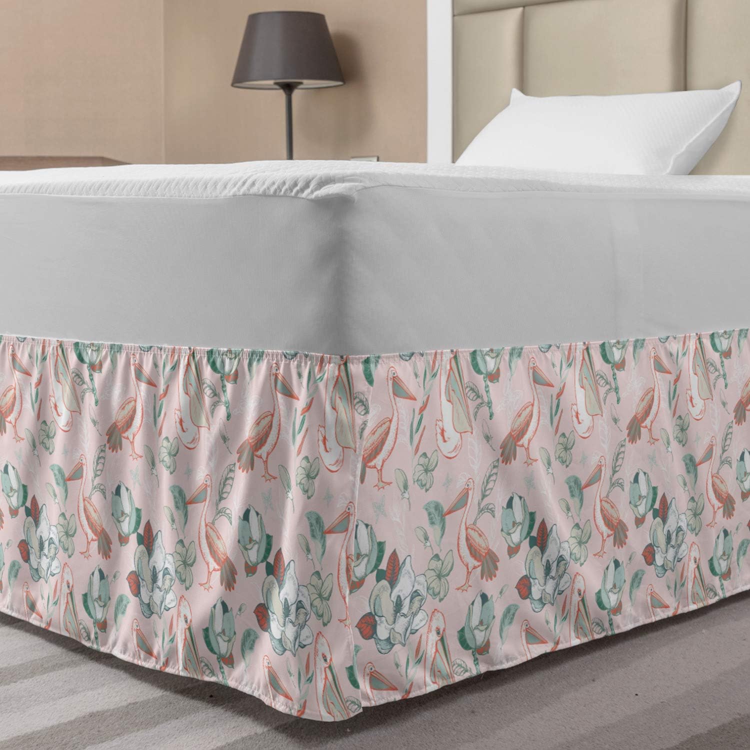 Lunarable Pelican Bed Skirt with Exotic Flower Bird Design