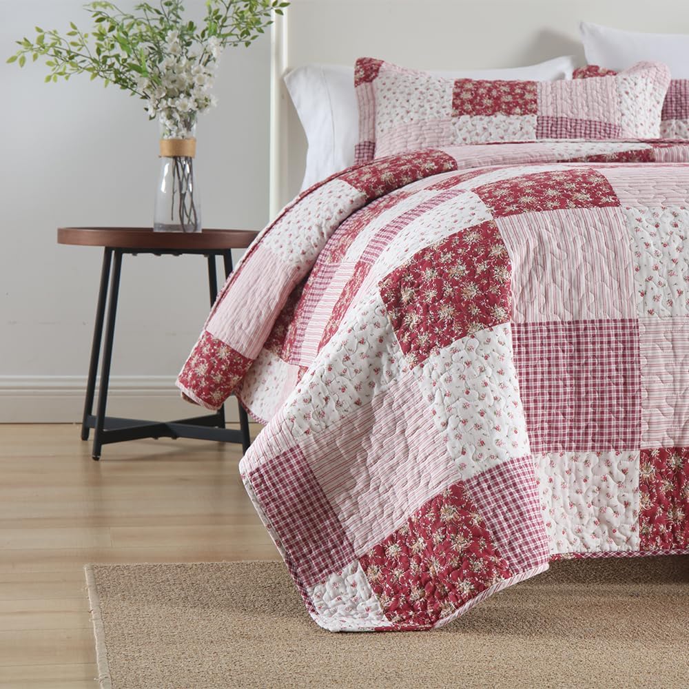 ENASAL Reversible Plaid Flower Quilt Bedspread Set King Size