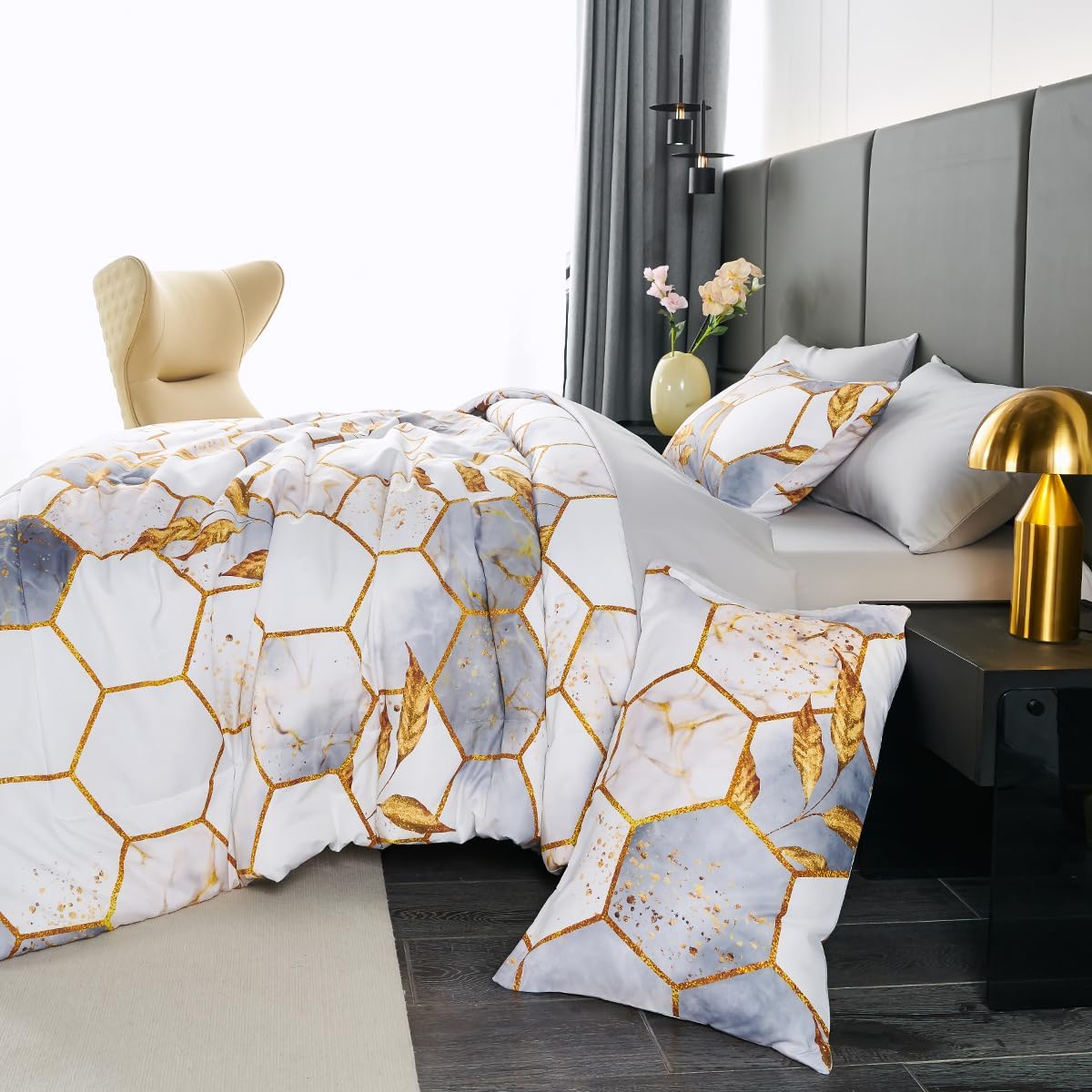 ZRNBAST 7 Pcs Light Grey Comforter Set with Gold Trim 1