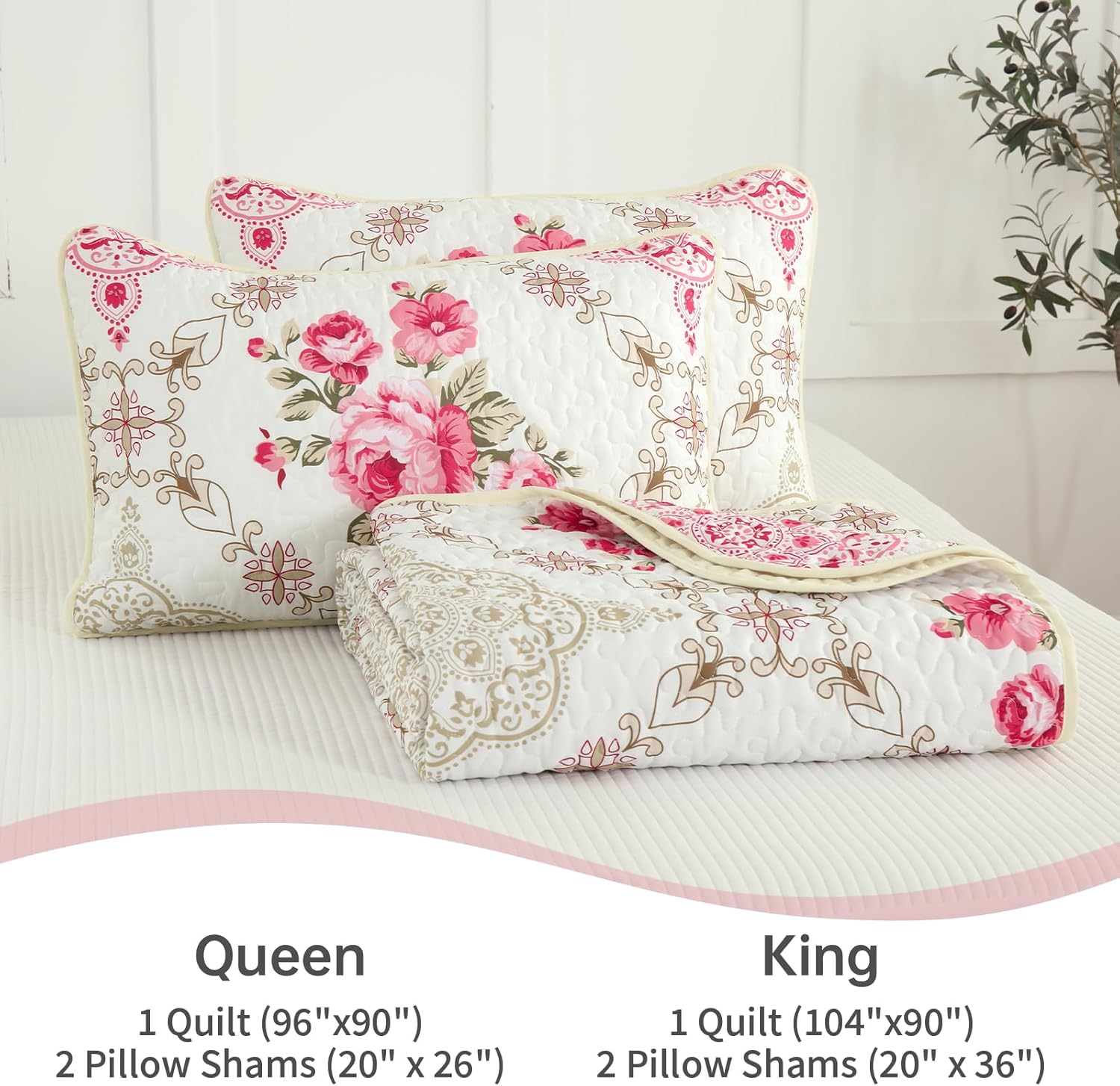 Menghomeus Pink Big Floral Reversible Quilt Set
