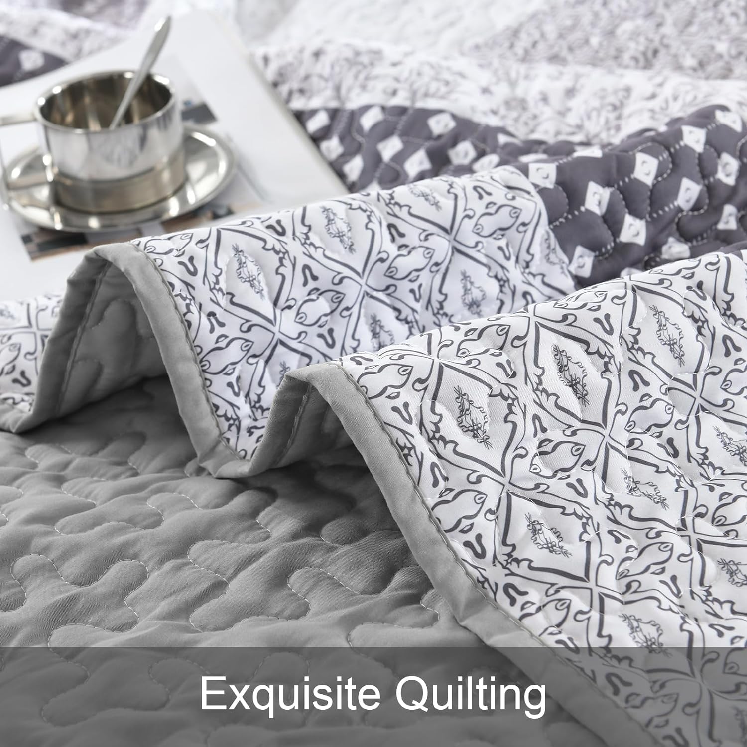 WONGS BEDDING Grey Bohemian Quilt Set King Size 3 Piece