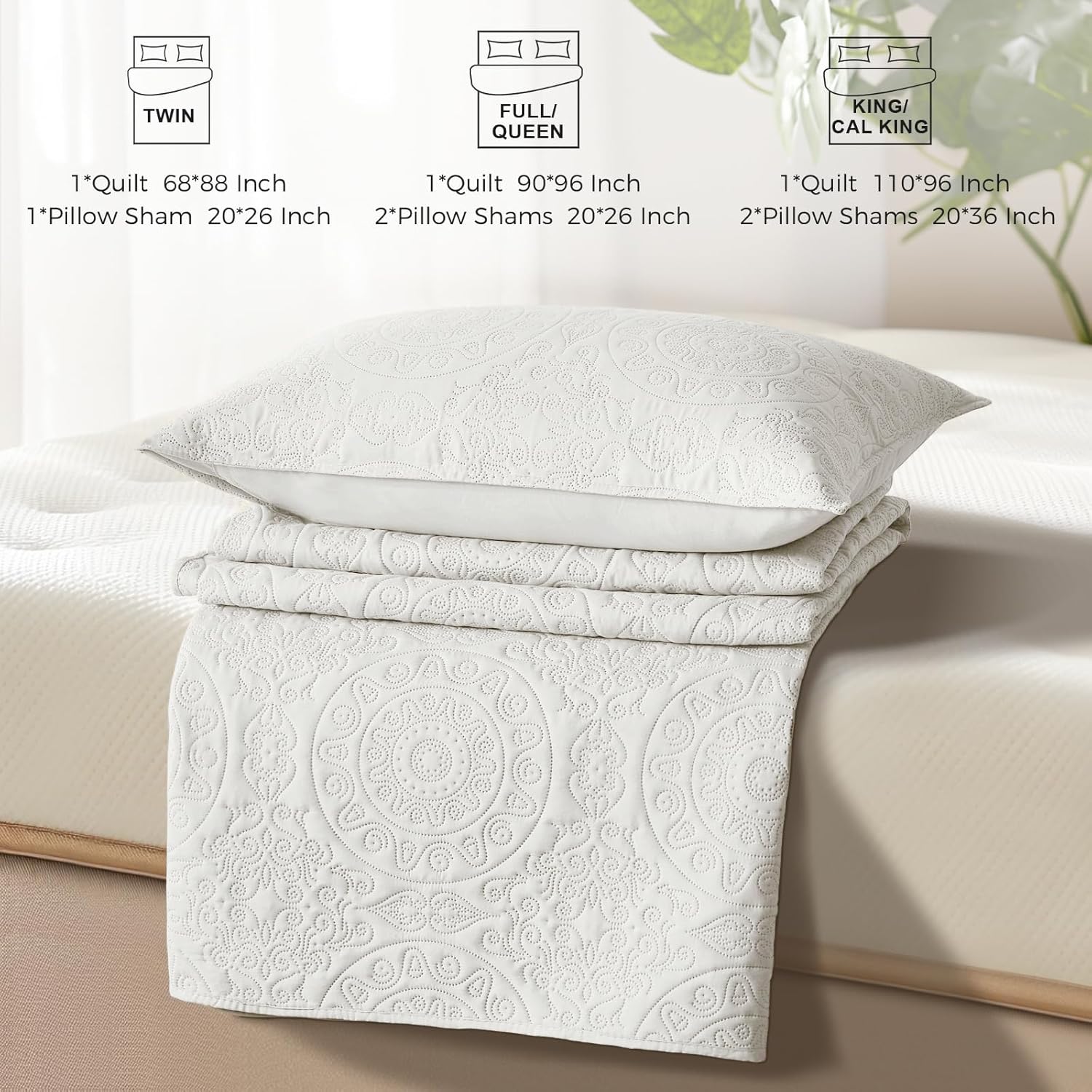 WURUIBO Cream White Quilt Set Queen Size 1