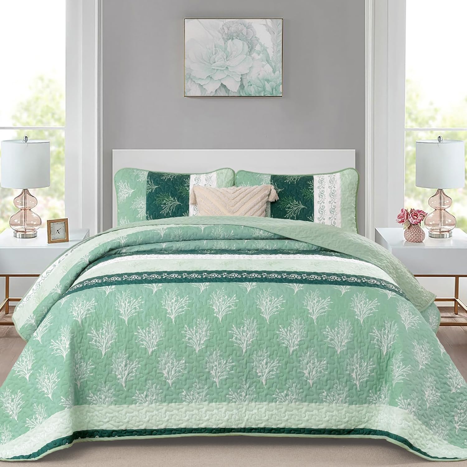 DJY Boho Quilt Set with 3 Pieces King Green Striped Floral Bedspread
