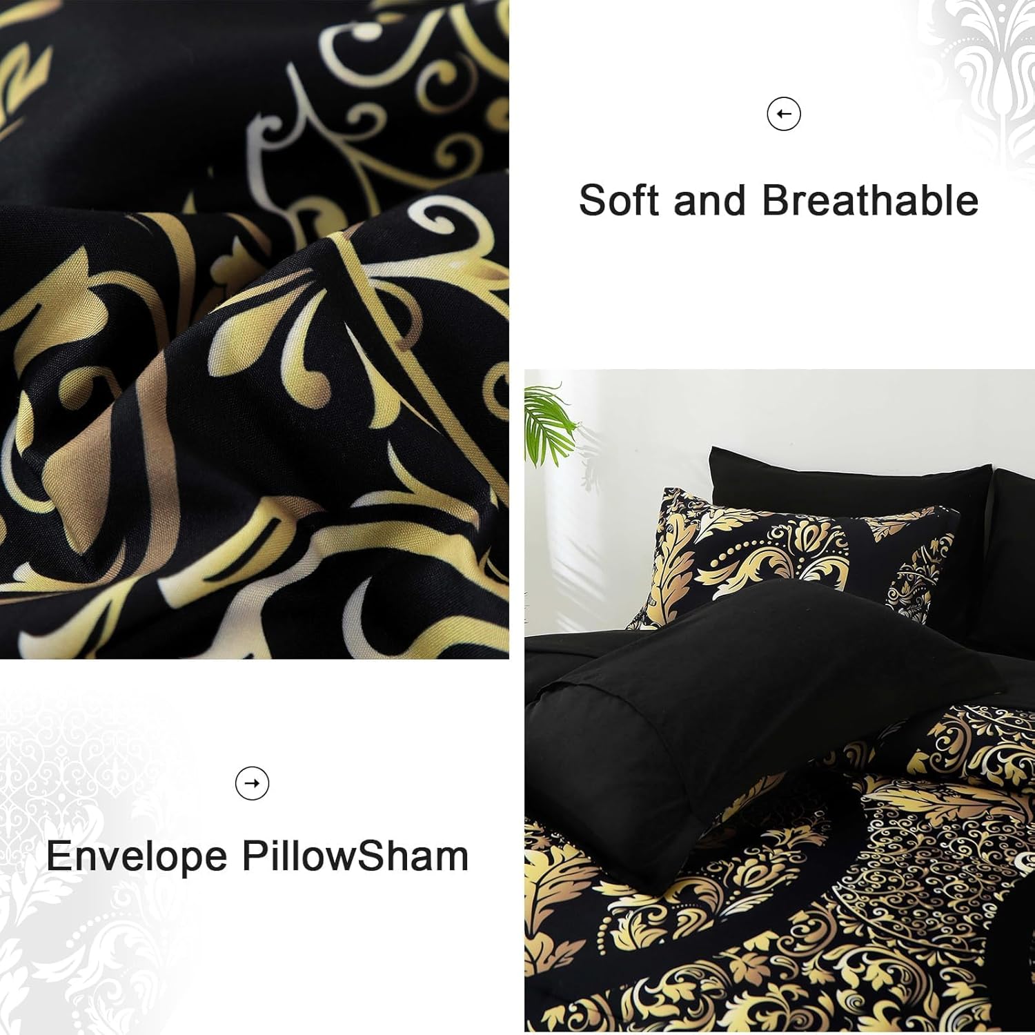 Anibedding Black Gold Damask Comforter Set California King