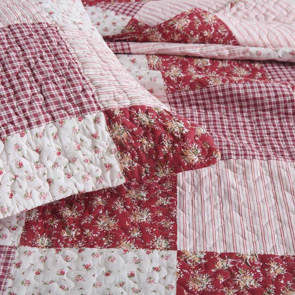 ENASAL Reversible Plaid Flower Quilt Bedspread Set King Size