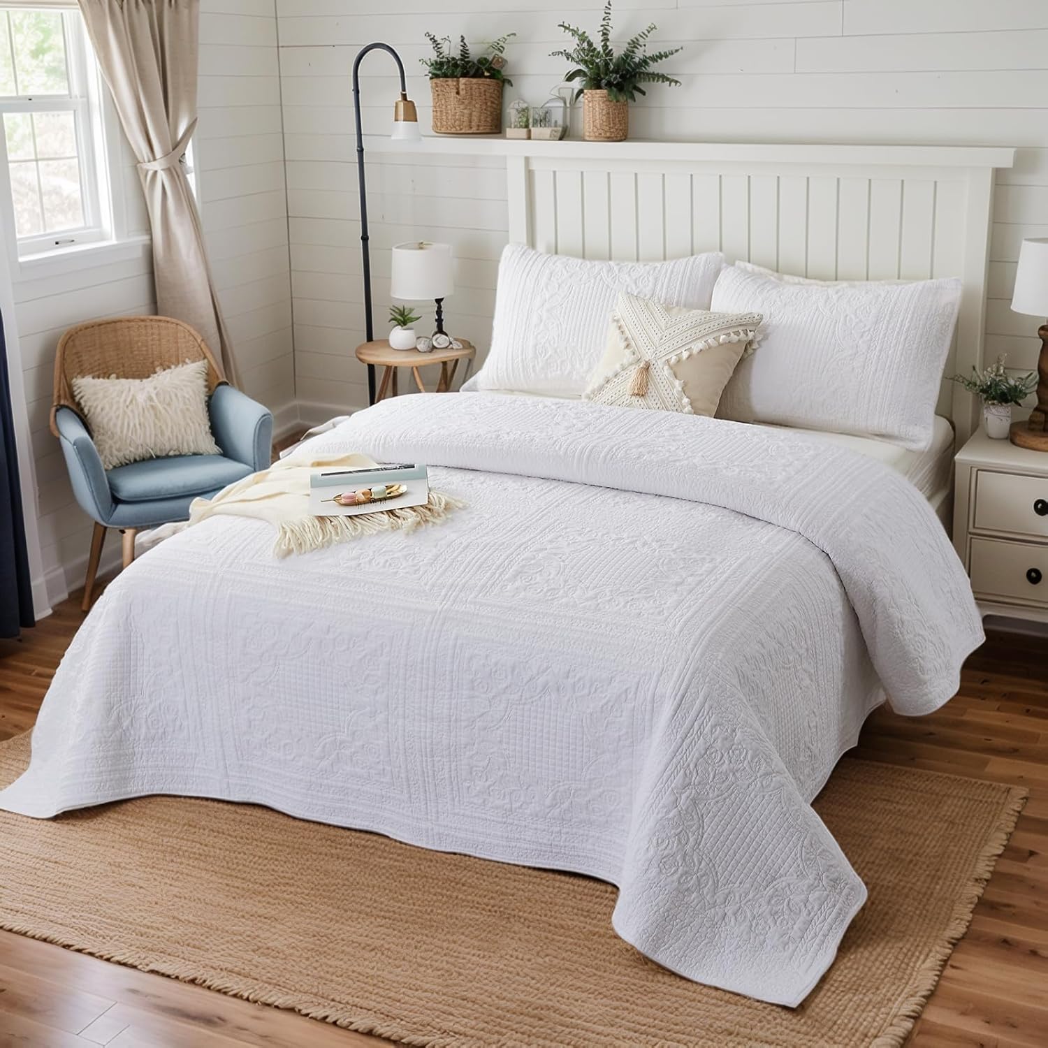 Brandream White Cotton Queen Quilt Set 3PCs