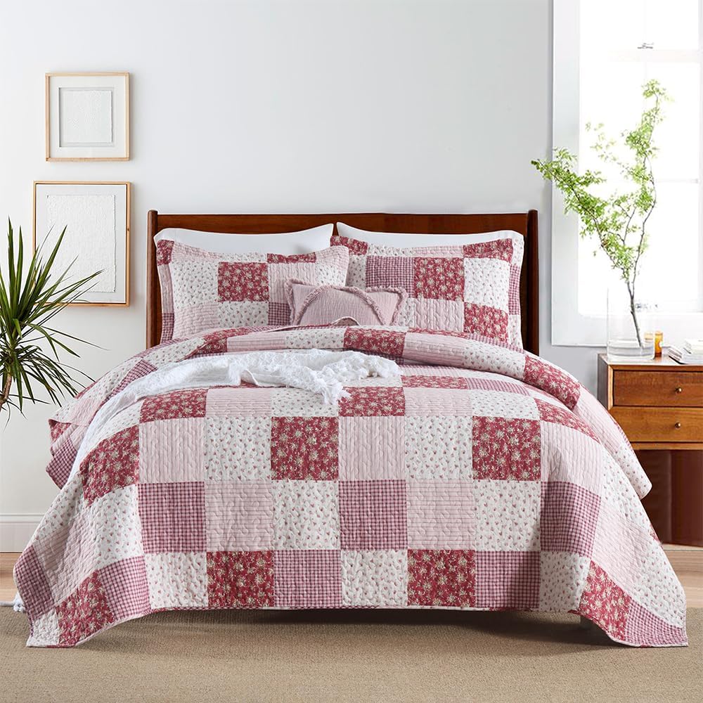 ENASAL Reversible Plaid Flower Quilt Bedspread Set King Size