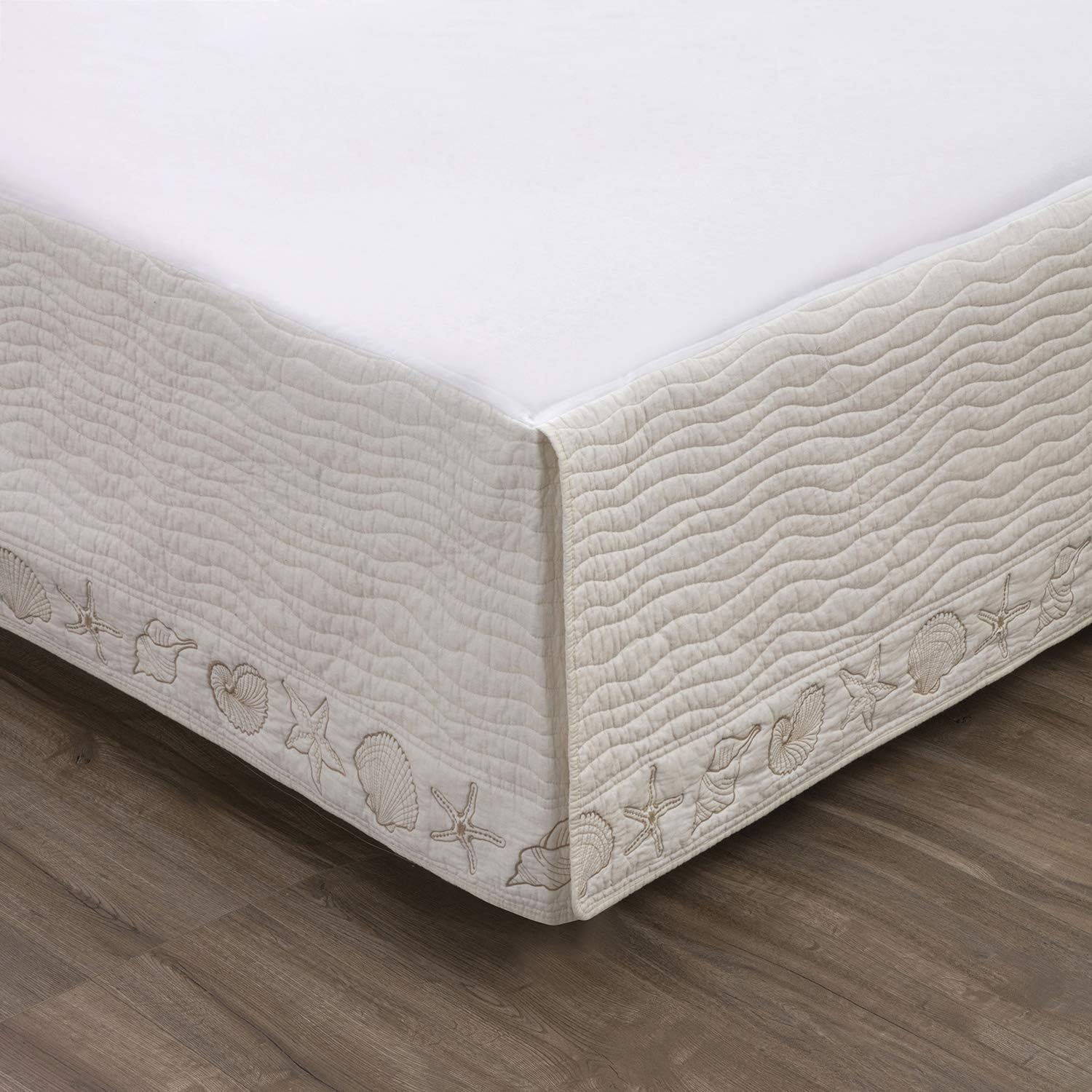 Greenland Home Coastal Seashell Embroidered Bed Skirt Ivory Twin