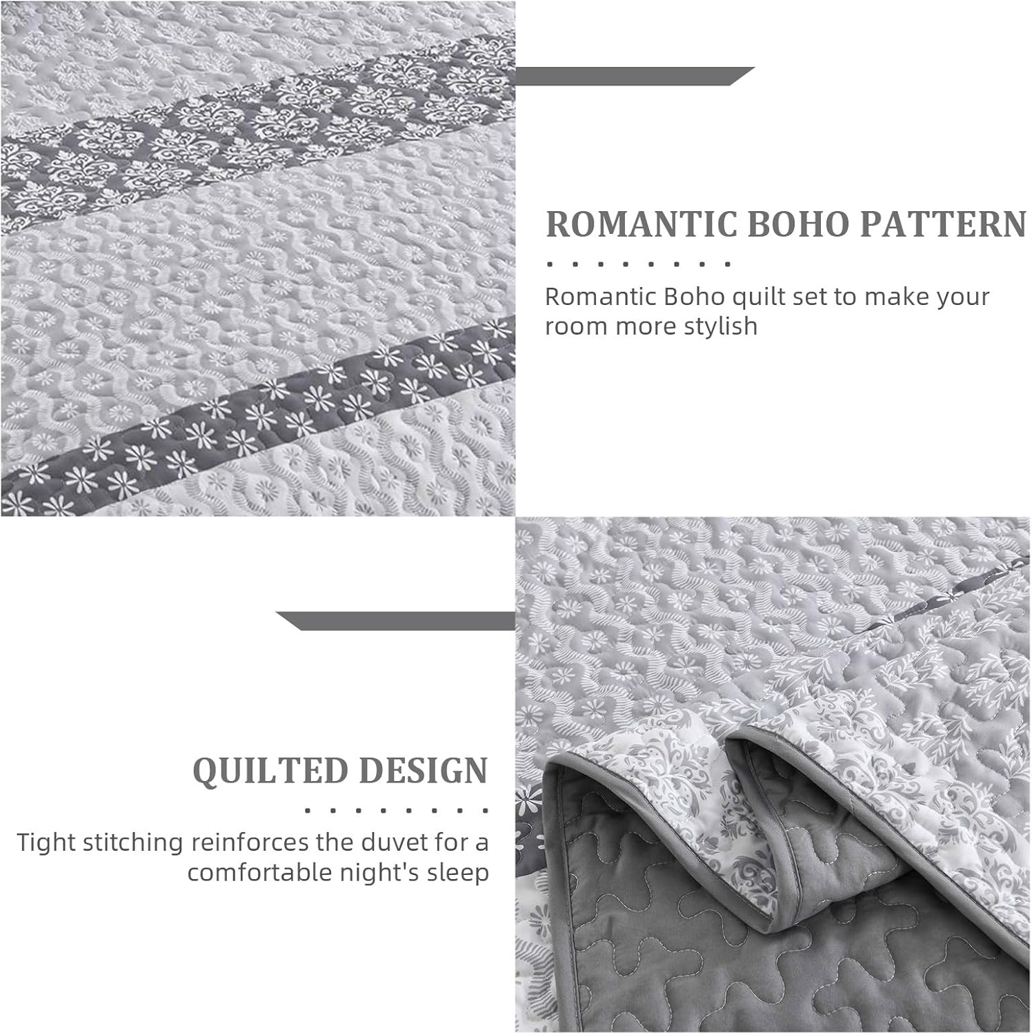 Cottolester Boho Queen Size Gray Striped Coverlet Set 3 Piece