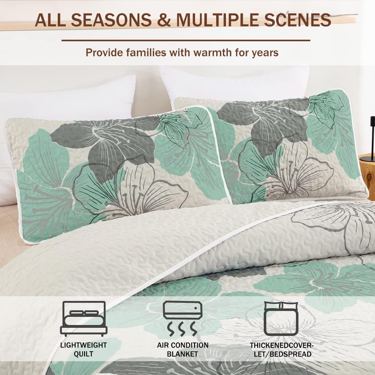 DJY 3 Piece Queen Quilt Set with Green Floral Pattern