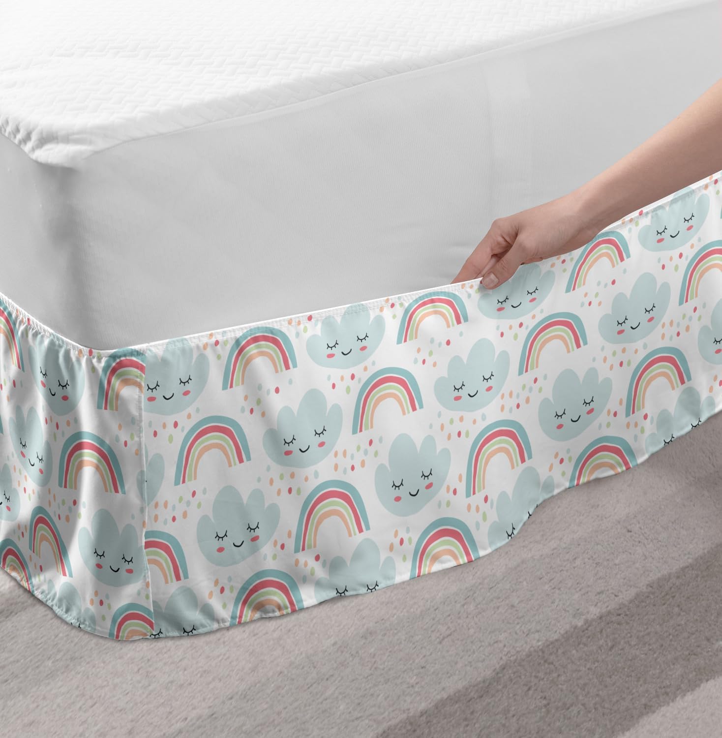 Lunarable Rainbow Bed Skirt with Smiling Clouds Pattern