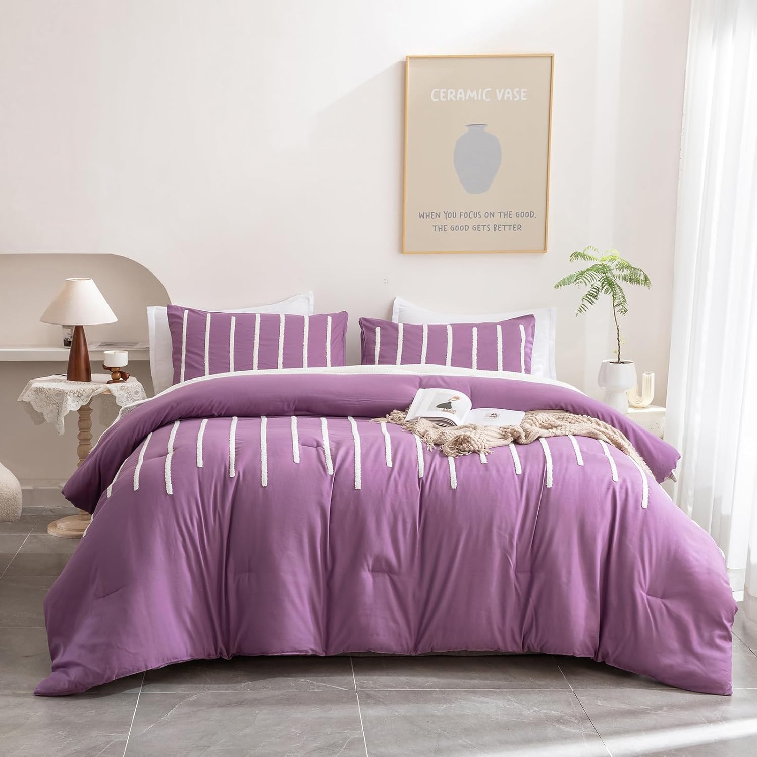 3Pcs Tufted Duvet Cover Set Purple Super King Comforter with Matching Pillows