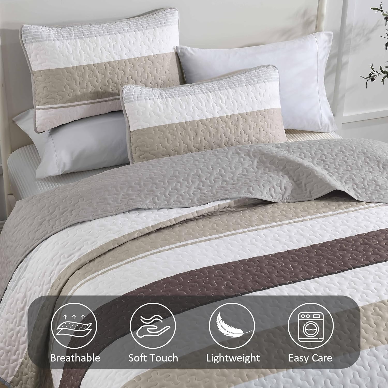 Dinjoy Grey Boho Striped California King Quilt Set