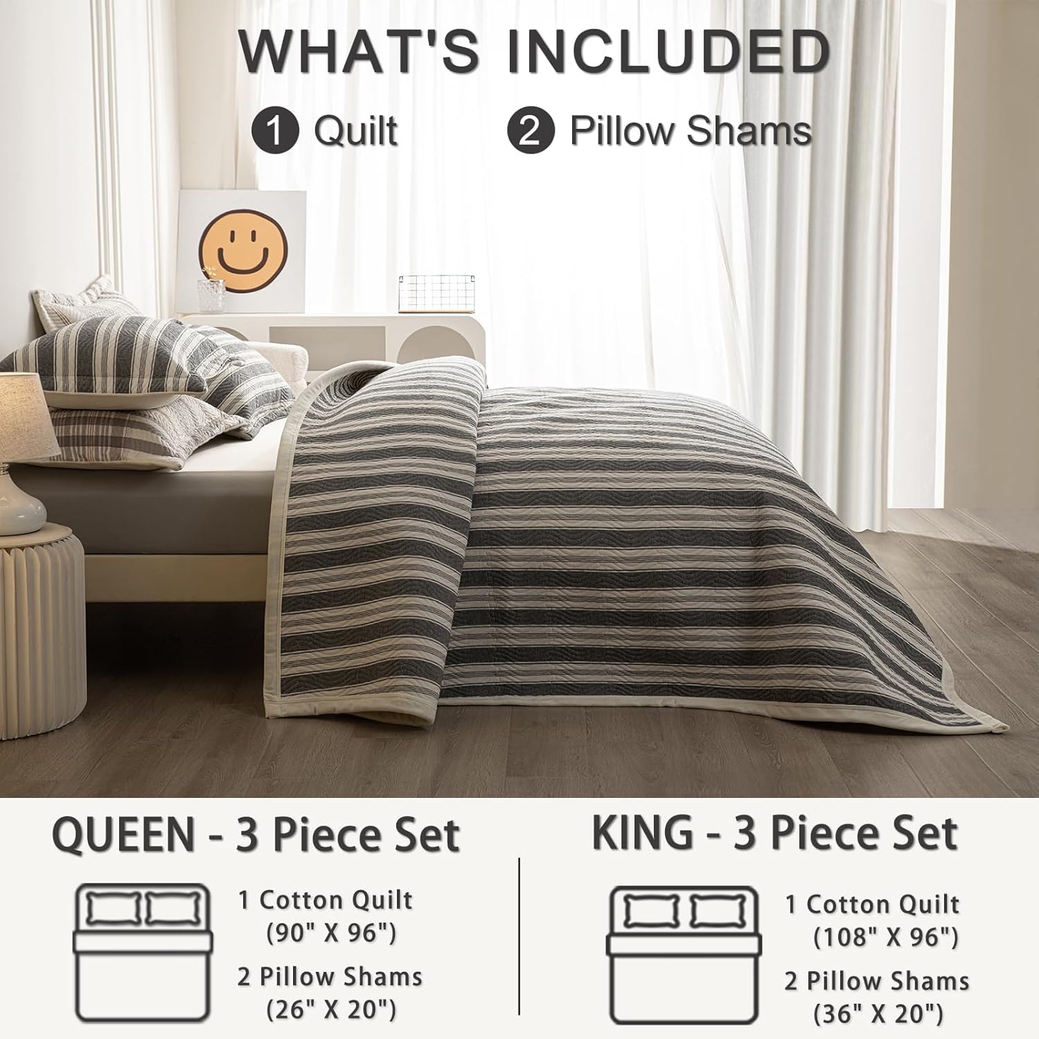 Cotton Striped Quilt Set 3 Piece King Size Reversible