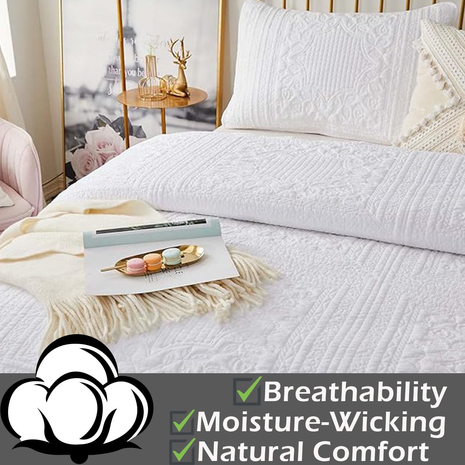Brandream White Cotton Queen Quilt Set 3PCs