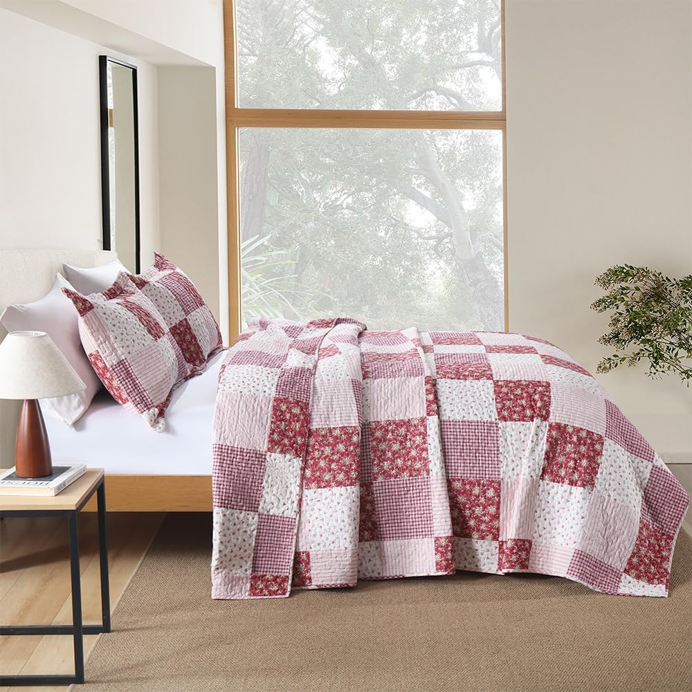 ENASAL Reversible Plaid Flower Quilt Bedspread Set King Size
