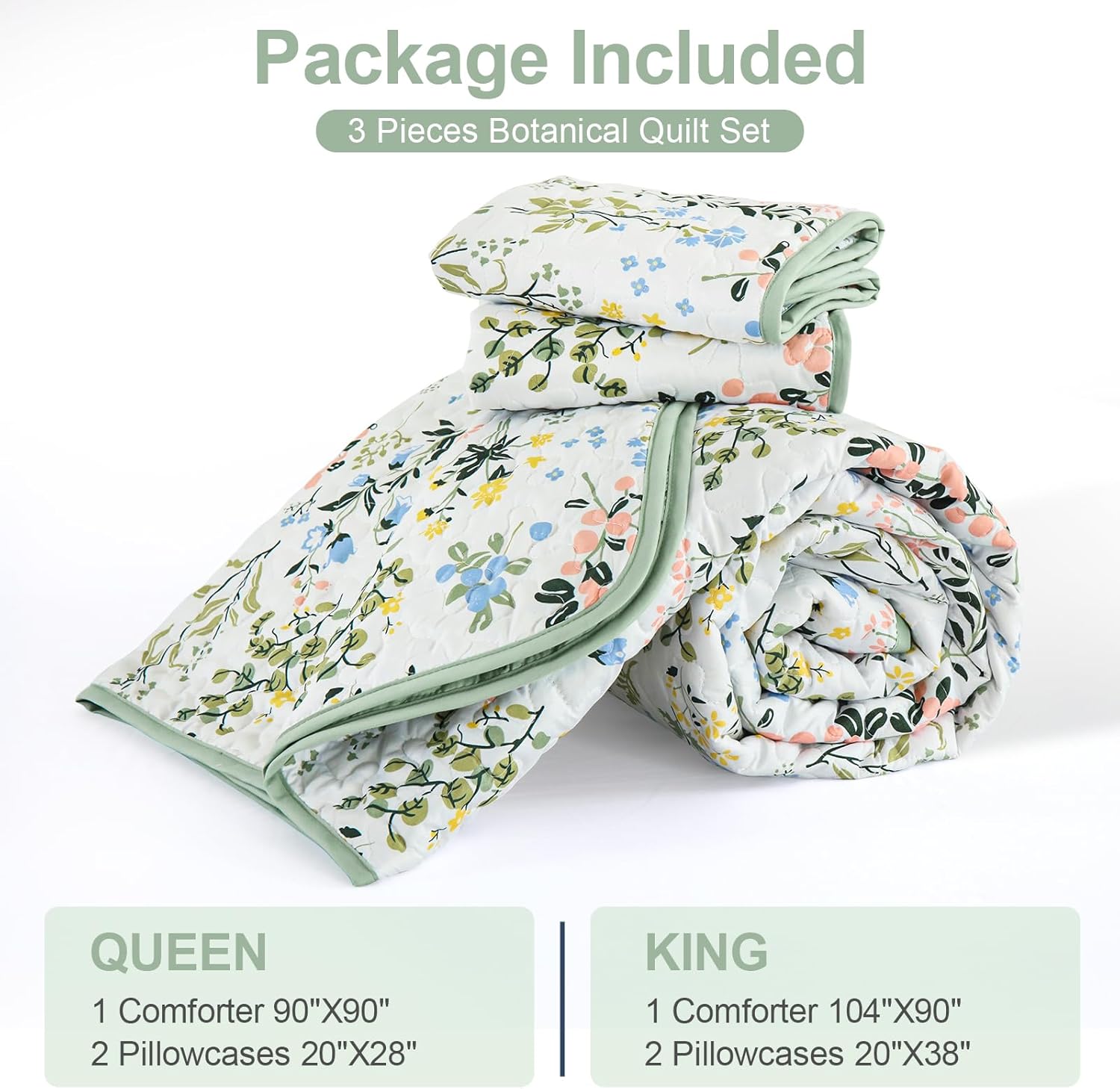 Anibedding Floral Quilt Set 3pcs King Size Green