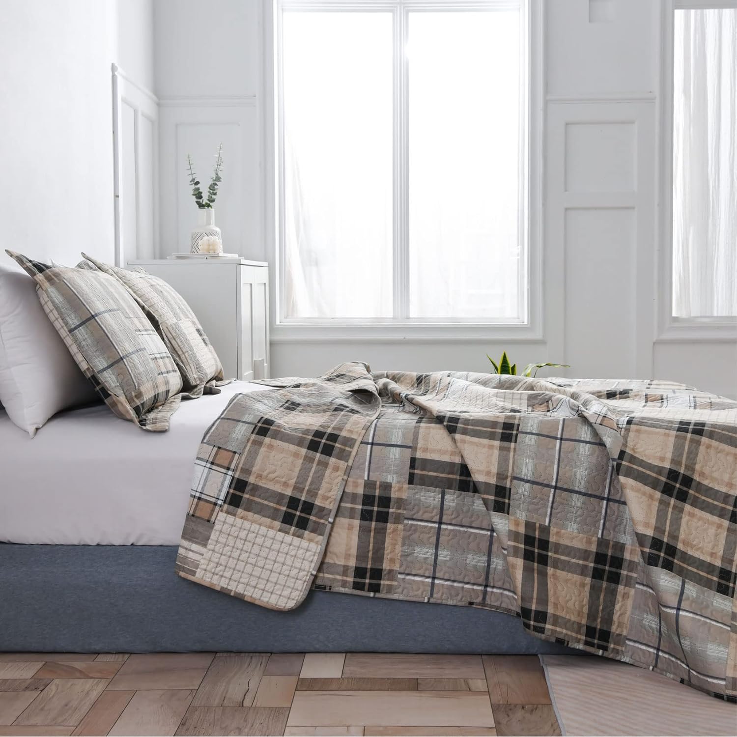 Green Essen King Size Plaid Quilt Set Brown Grey