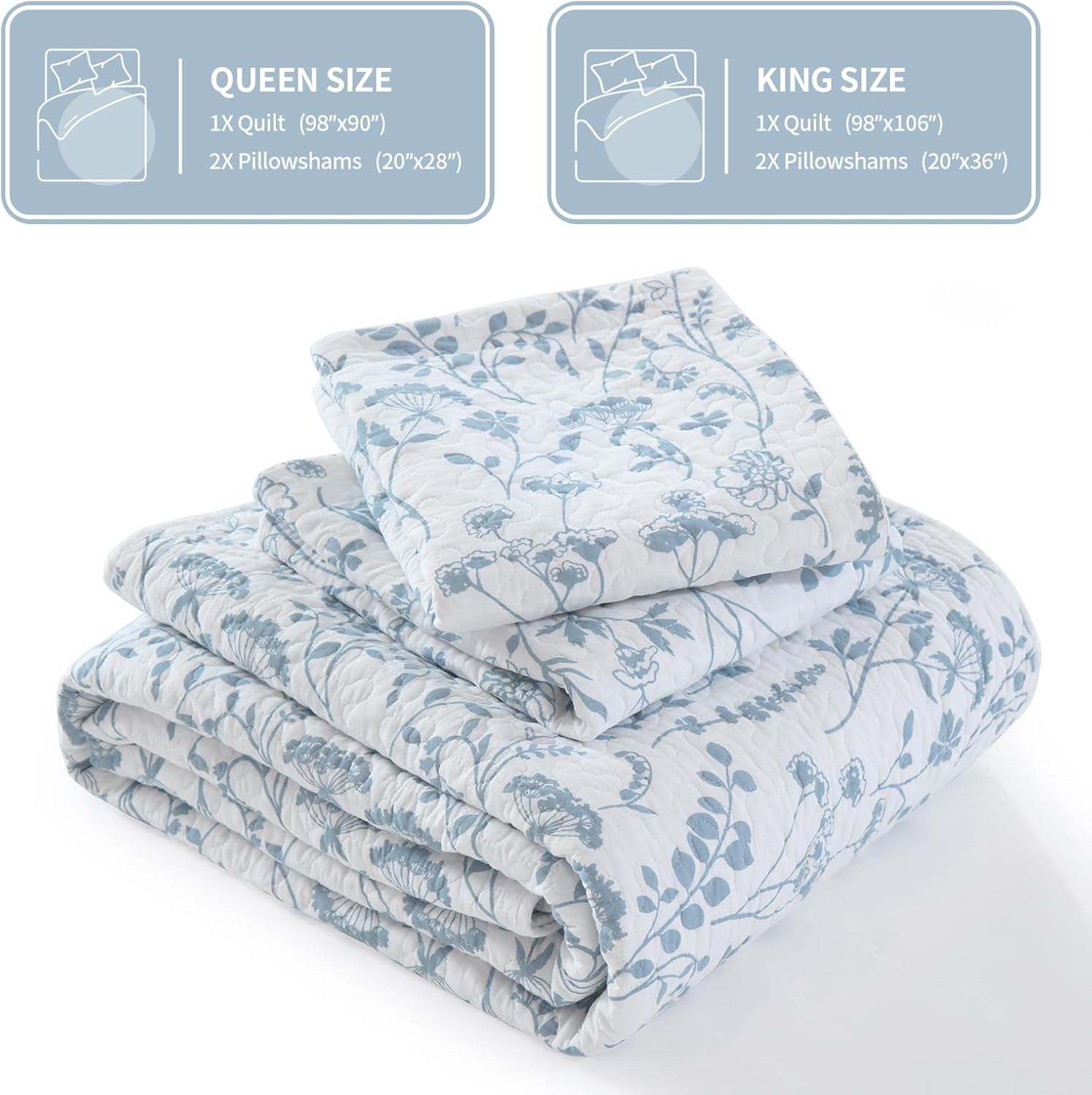 KALOOLA Summer Cotton Blue Floral King Quilt Set