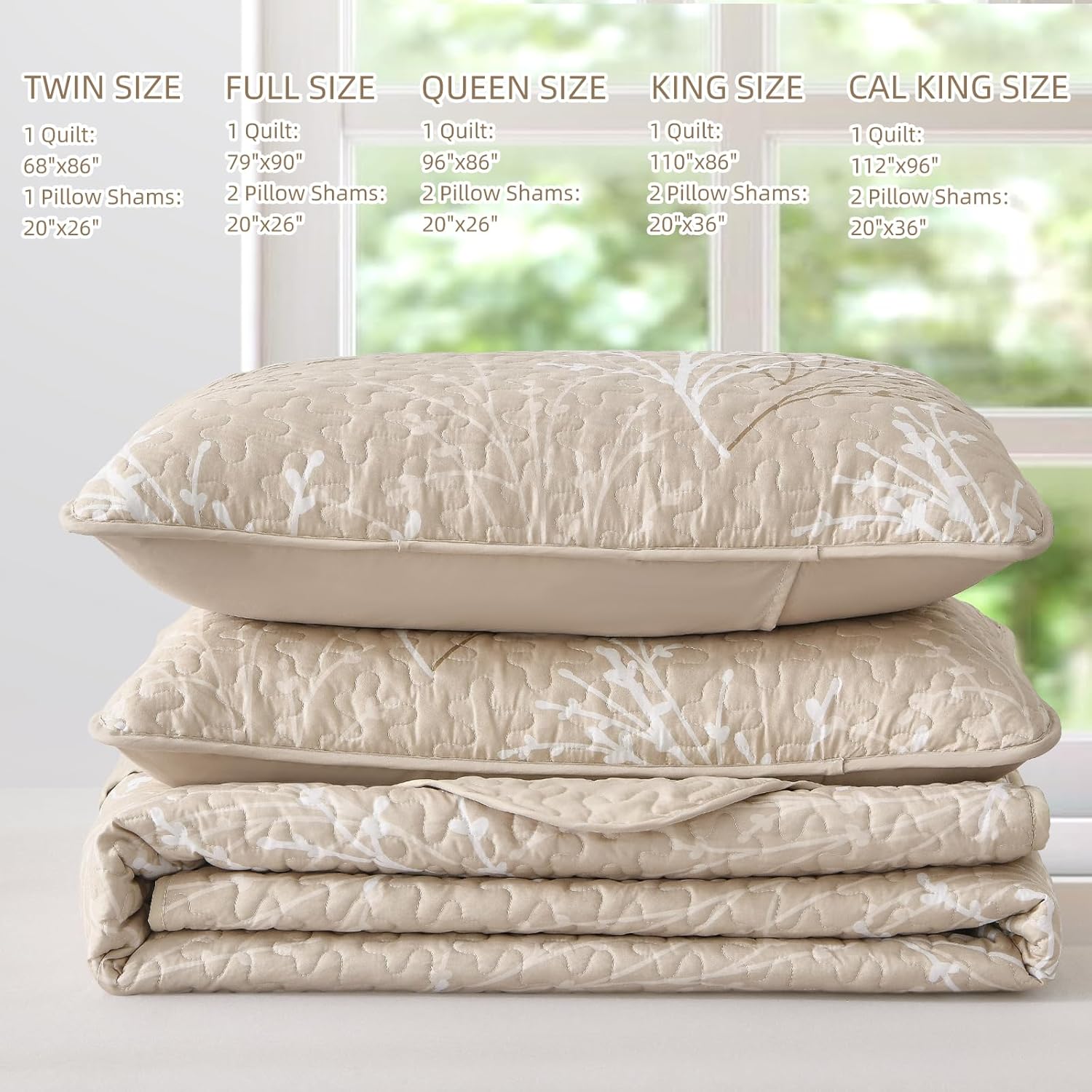 DJY Beige Botanical Quilt Set King Size 3 Piece