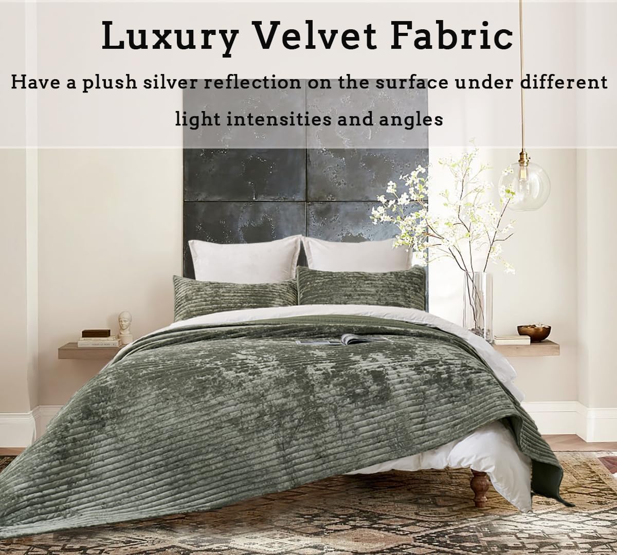 COCOPLOCEUS 3-Piece Velvet King Quilt Set Army Green