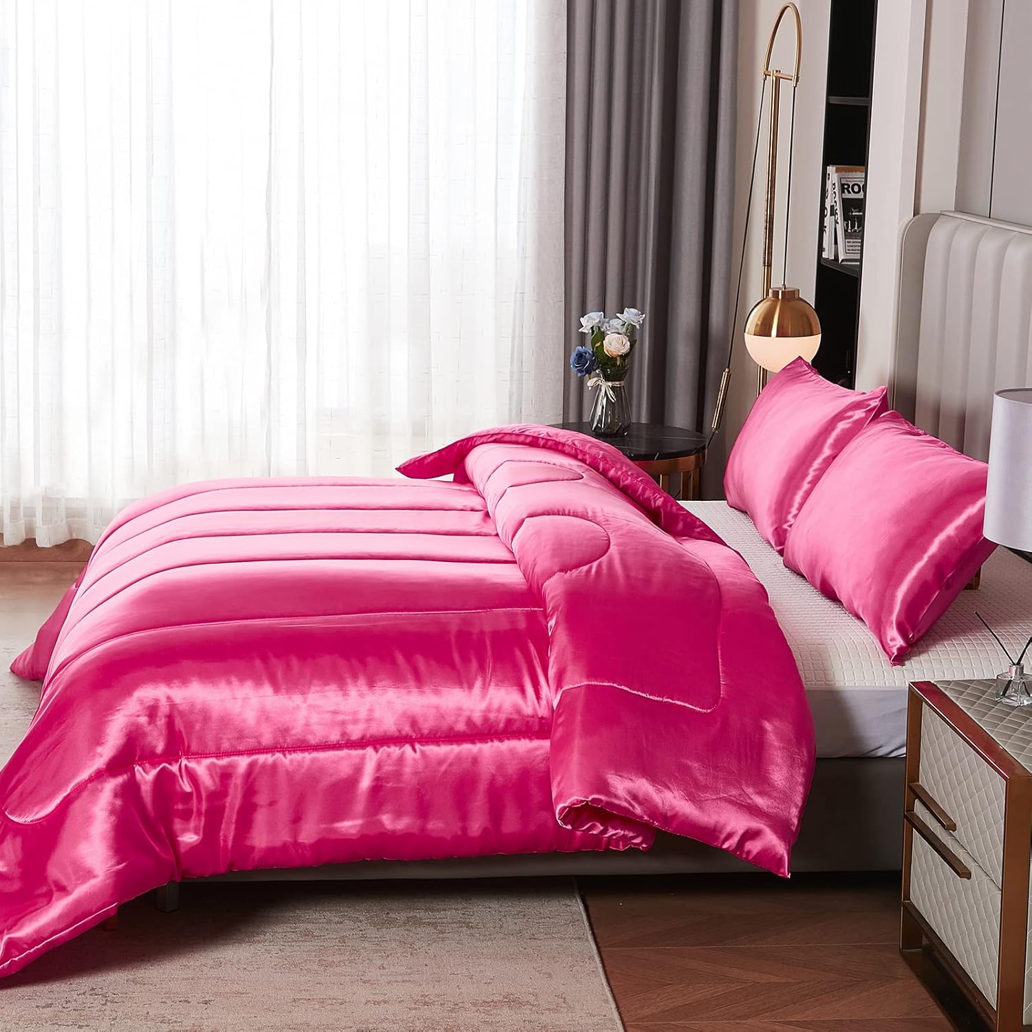 Kanak Bedding 3PC Silky Comforter Set Full XL Hot Pink 1