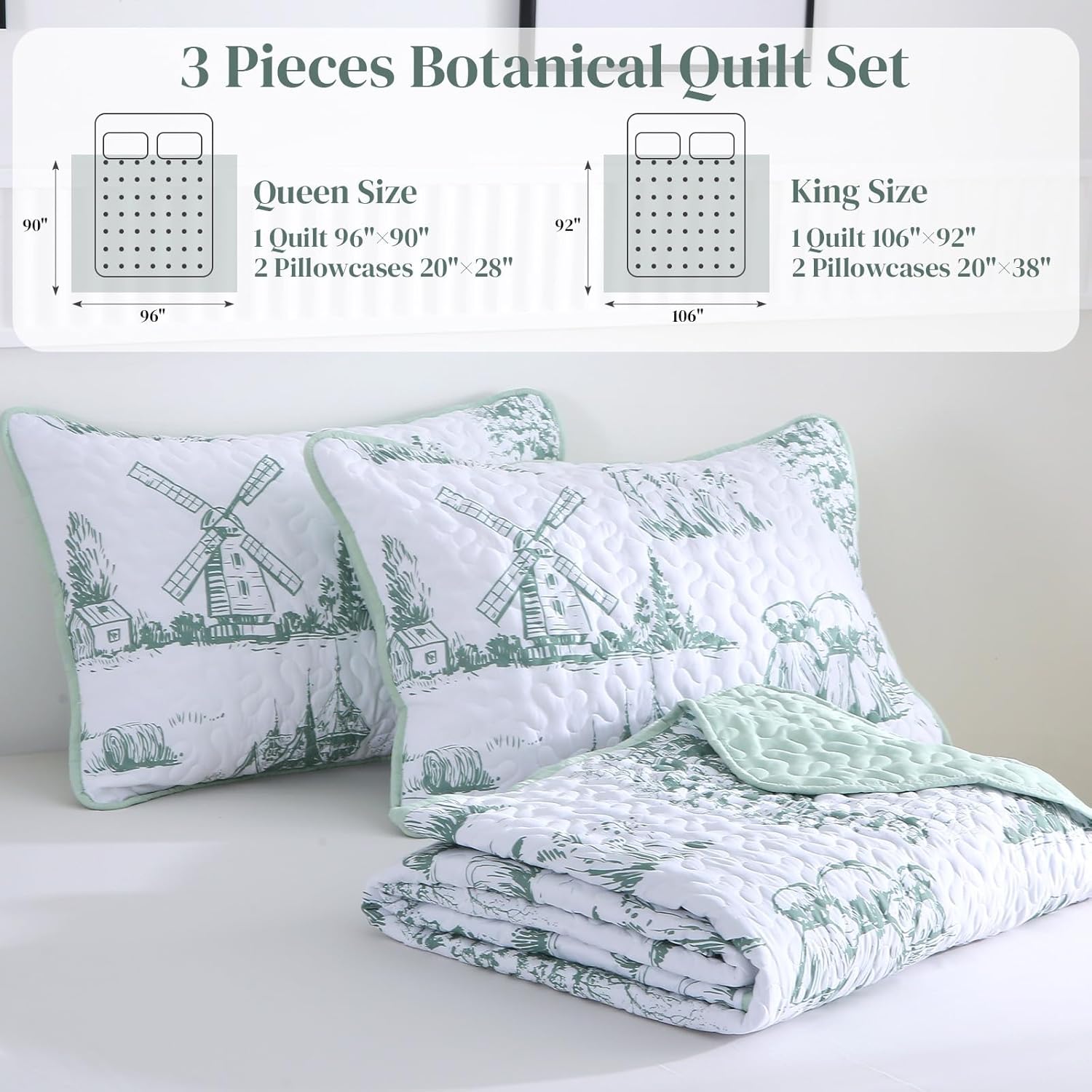 Sage Green Botanical Quilt Set King Size 3 Piece