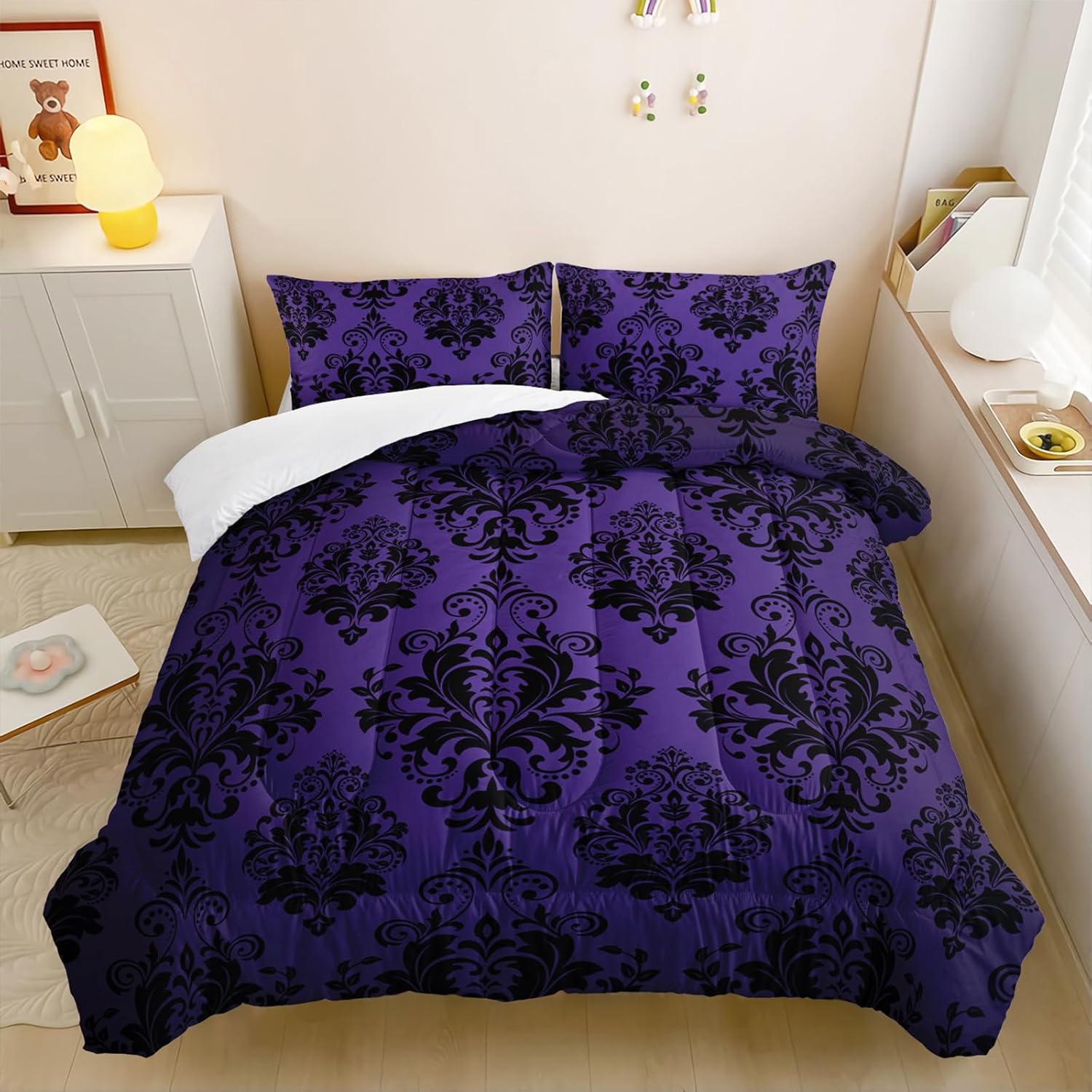 Nttopship Violet Gothic Floral Comforter Set