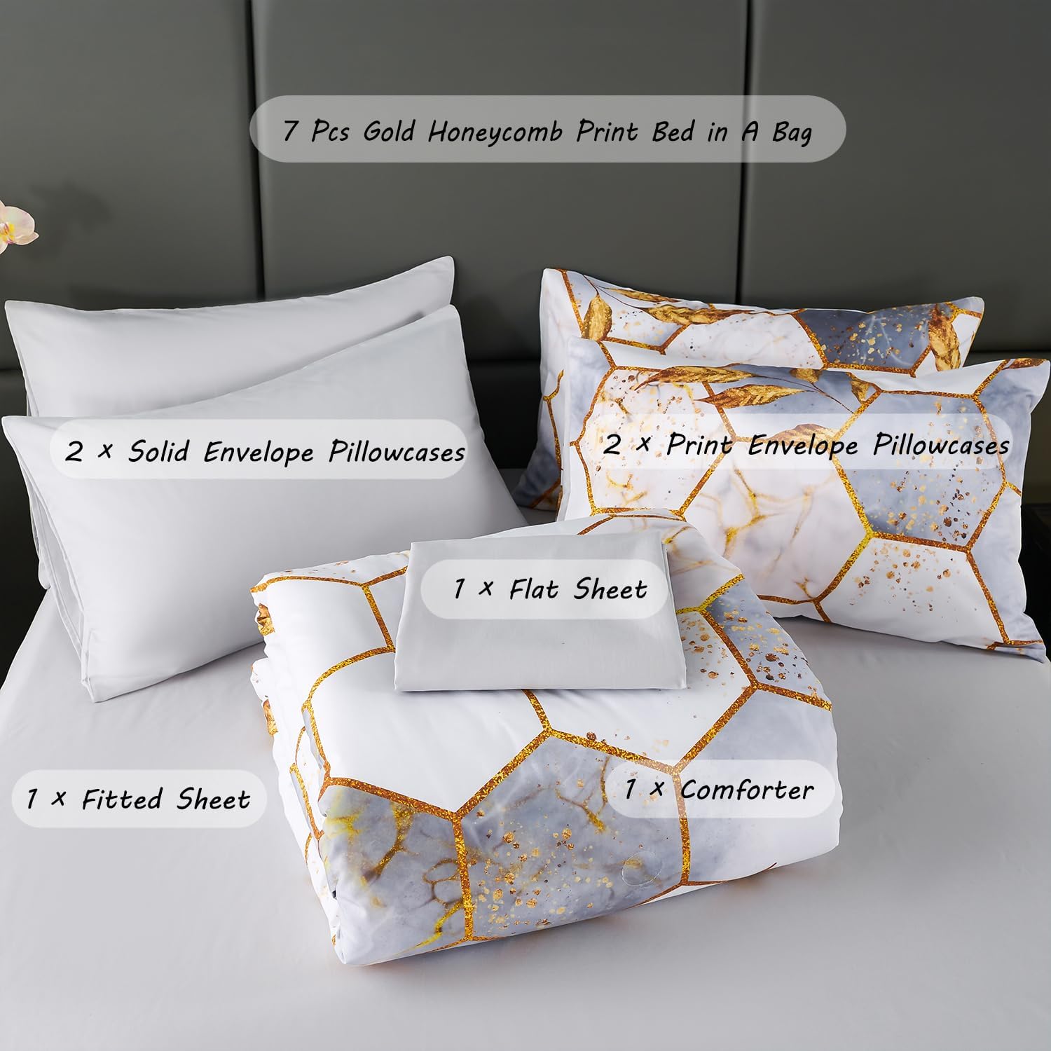 ZRNBAST 7 Pcs Light Grey Comforter Set with Gold Trim 1
