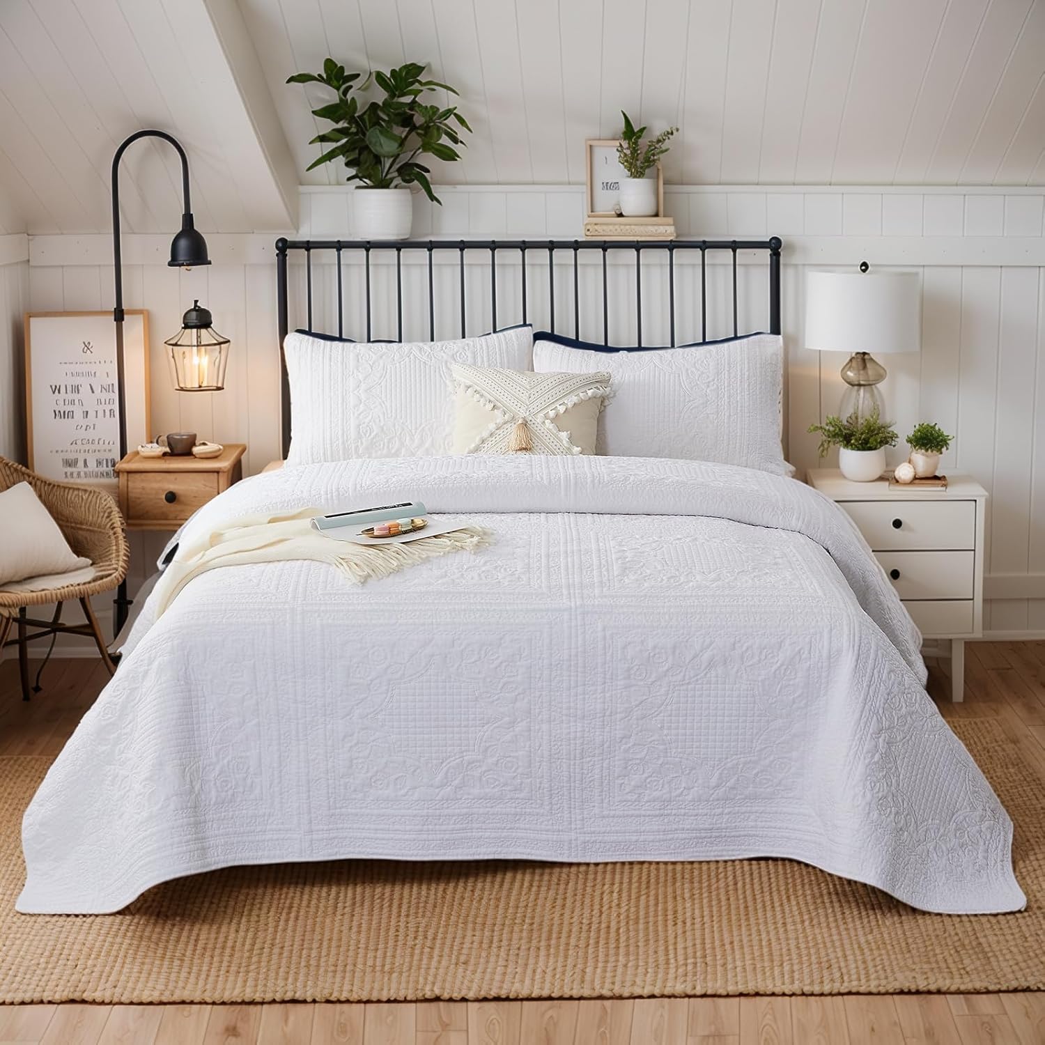Brandream White Cotton Queen Quilt Set 3PCs