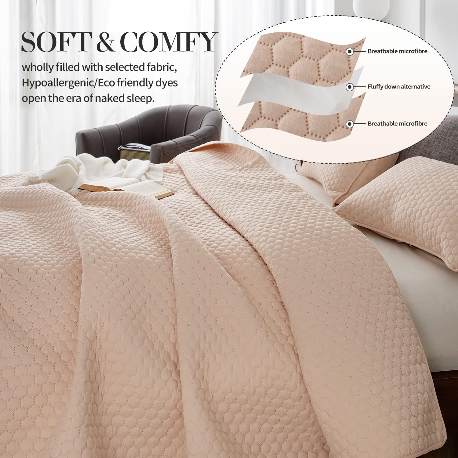 HENGWEI Queen Quilt Set with Champagne Gold Design