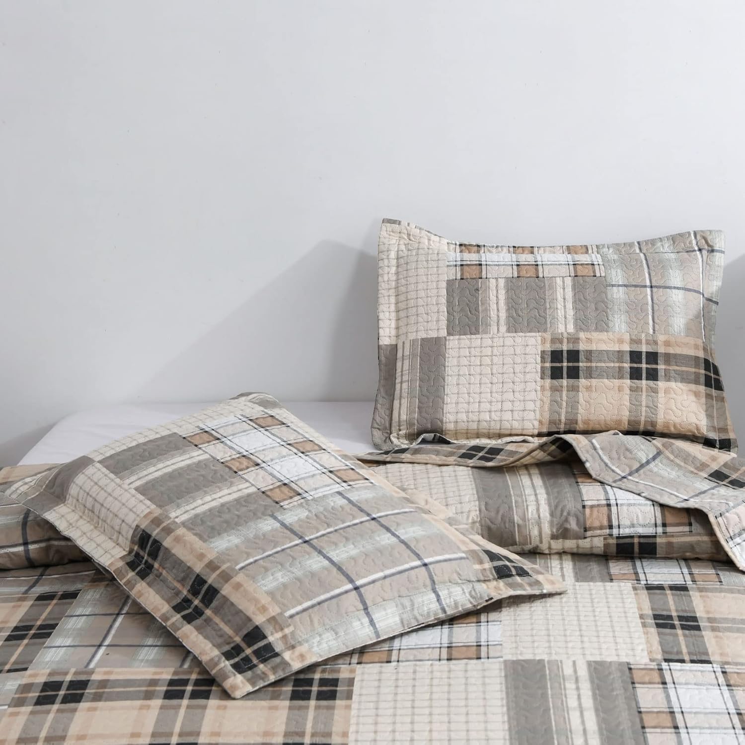 Green Essen King Size Plaid Quilt Set Brown Grey
