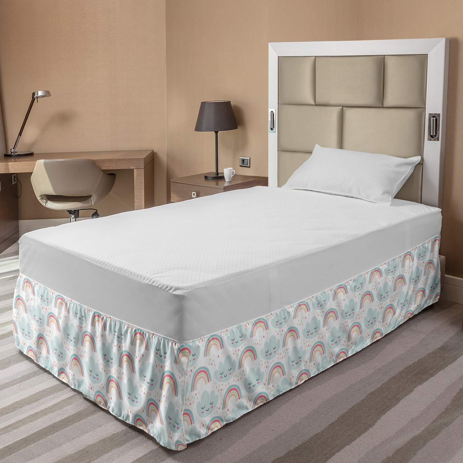 Lunarable Rainbow Bed Skirt with Smiling Clouds Pattern