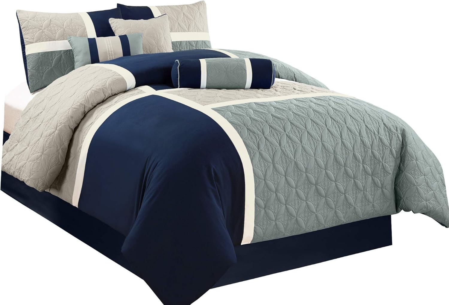 Chezmoi Upland 7-Piece Patchwork Comforter Set NavyBlueGray California King