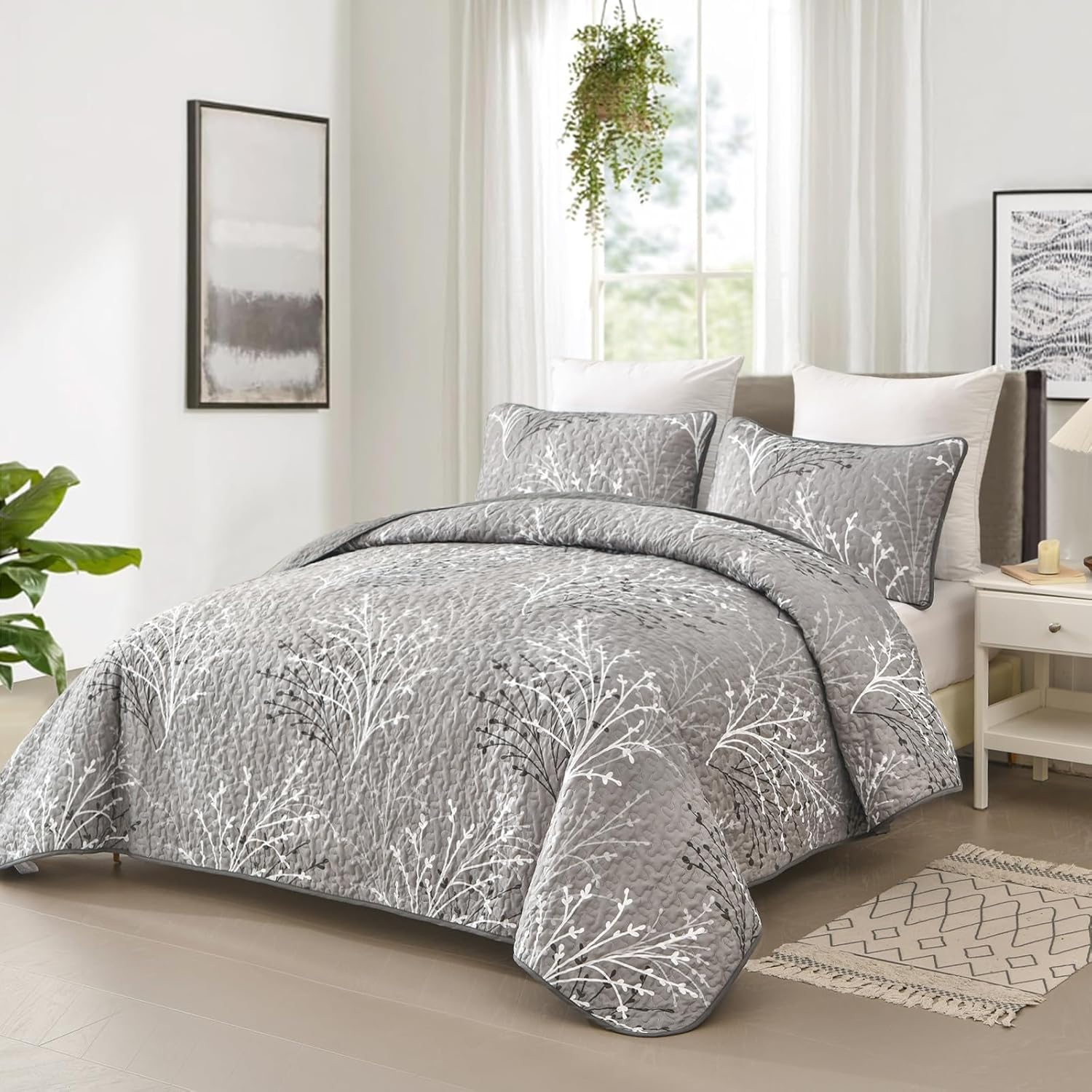 DJY Grey Botanical Quilt Set King Size 3-Piece