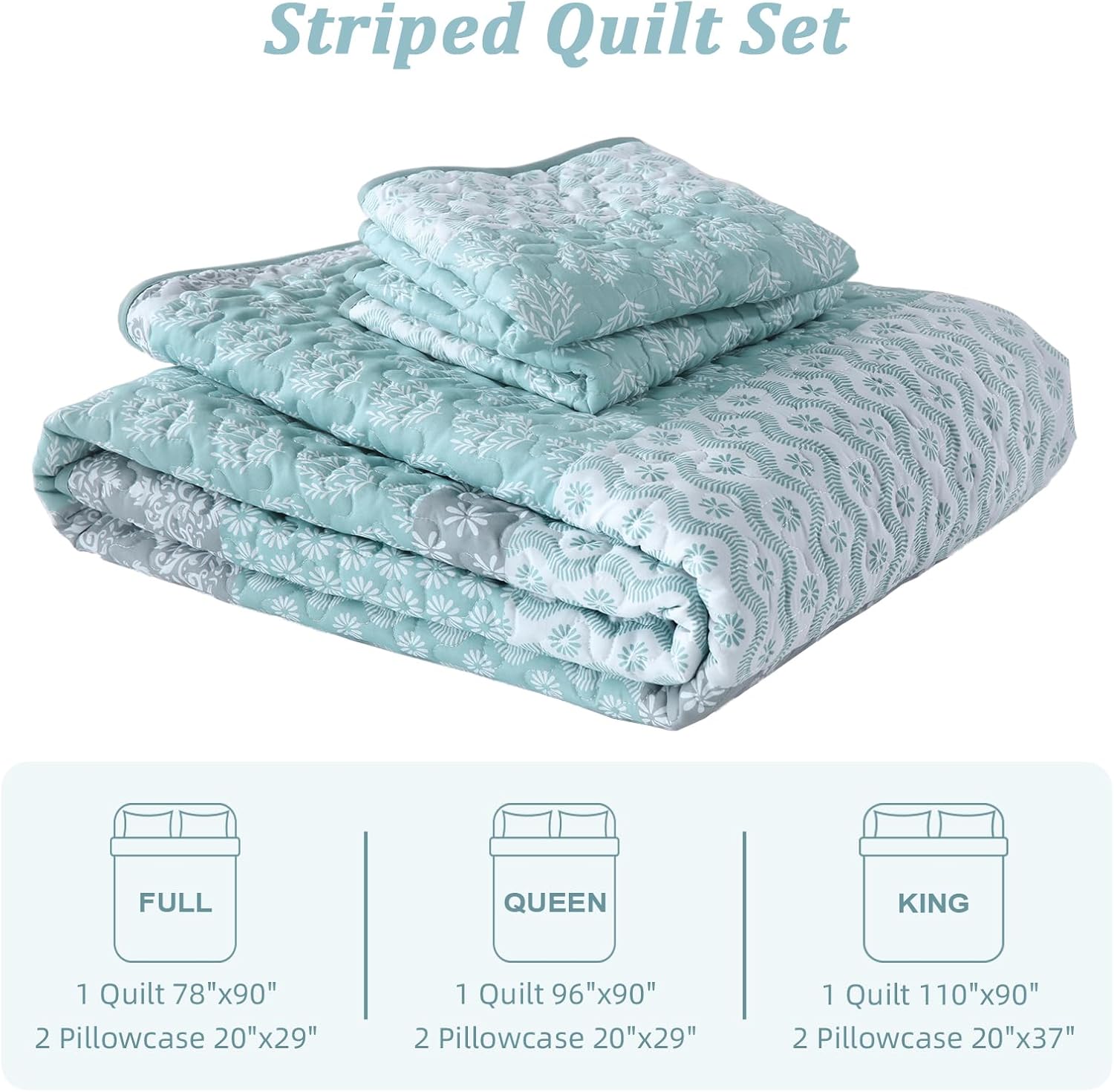 Cottolester Boho Striped Quilt Set Full Size 78x90 3 Pieces