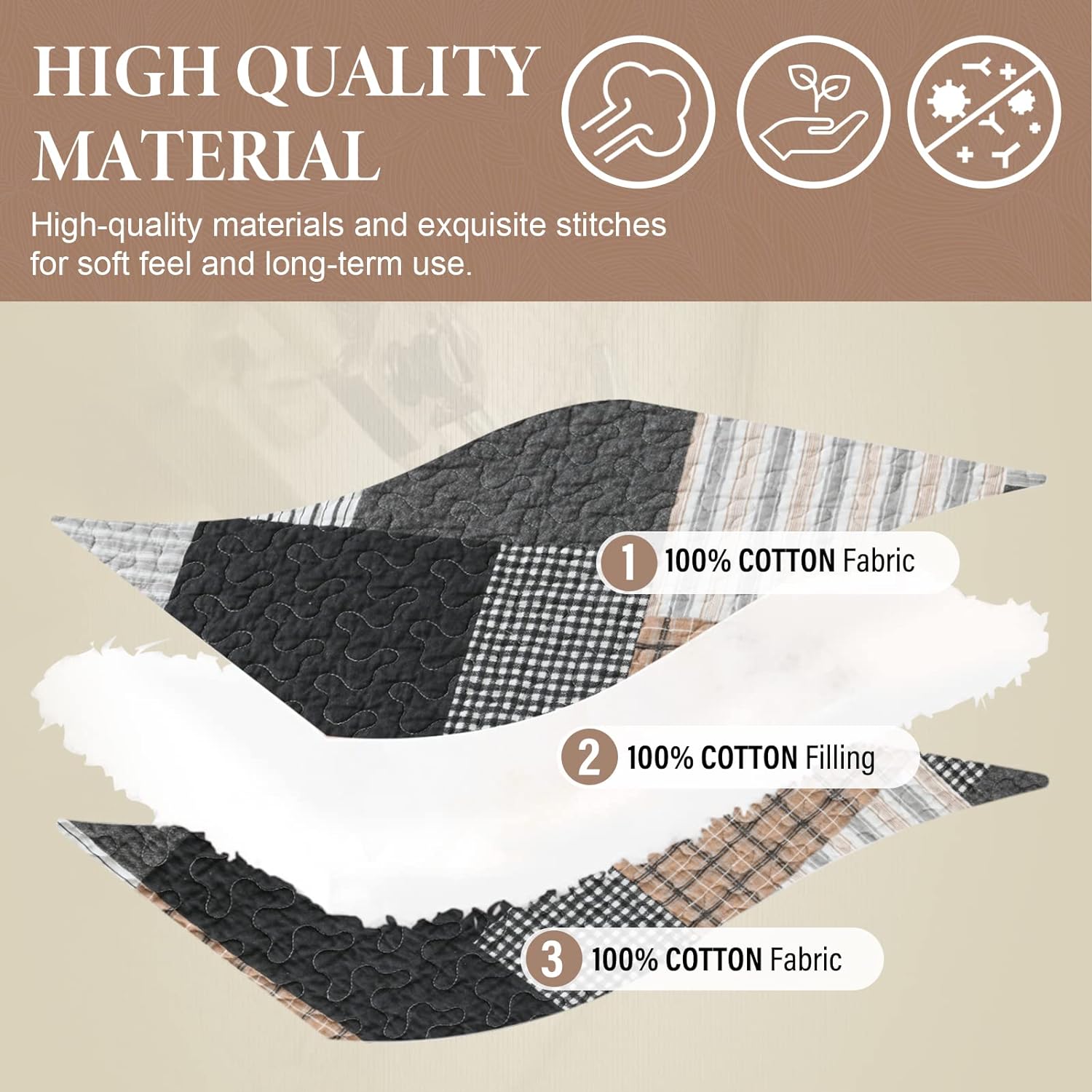 SahSahCasa King Quilt Set 3 Piece Grey Black Brown White